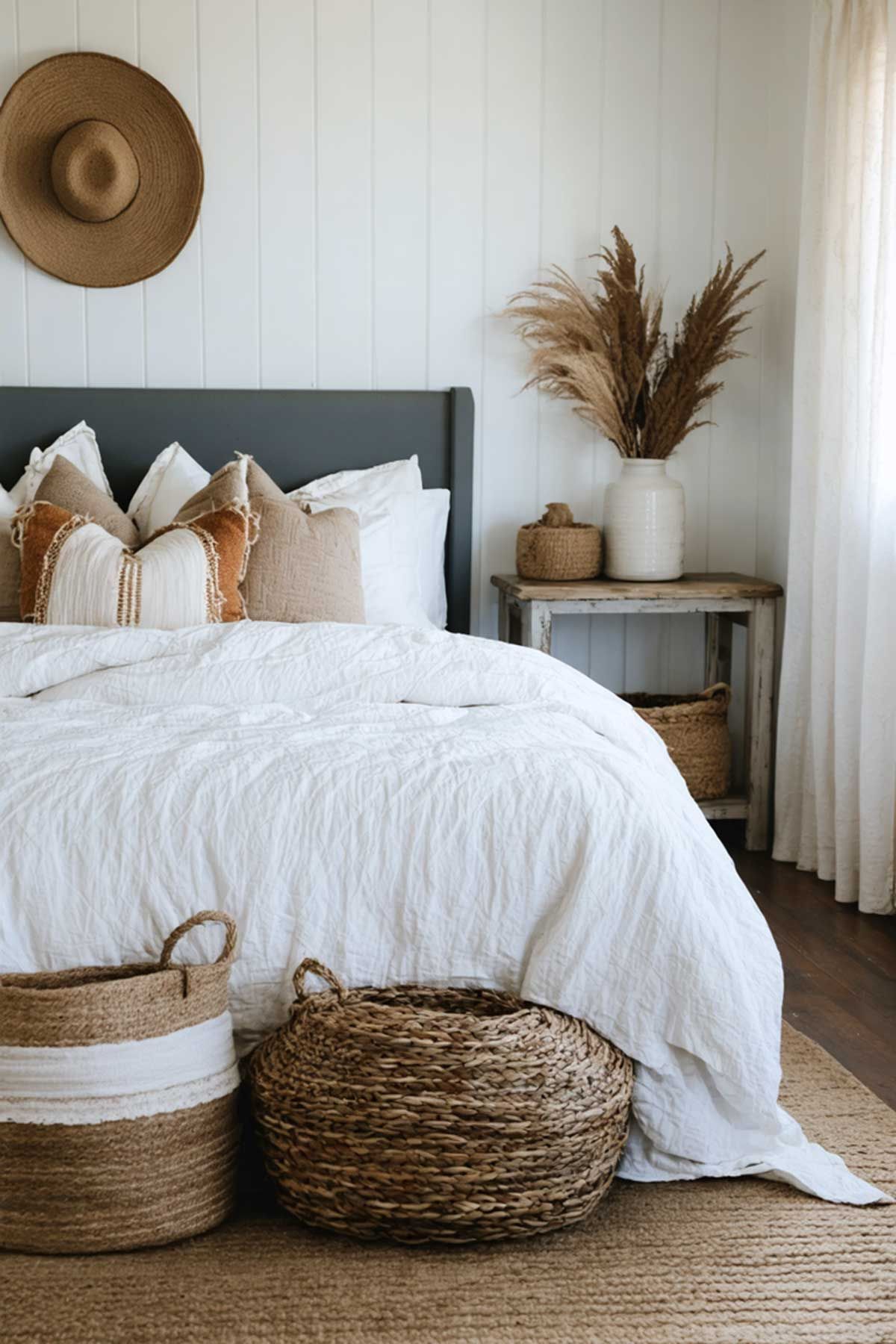 A chair with a blanket and a pillow on it in a bedroom.