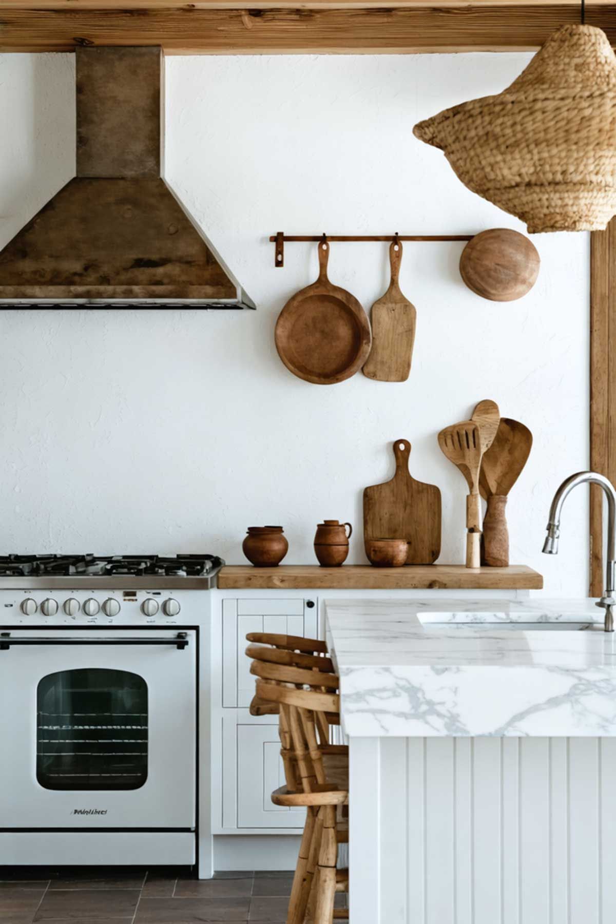 A kitchen with white cabinets and wooden utensils hanging on the wall