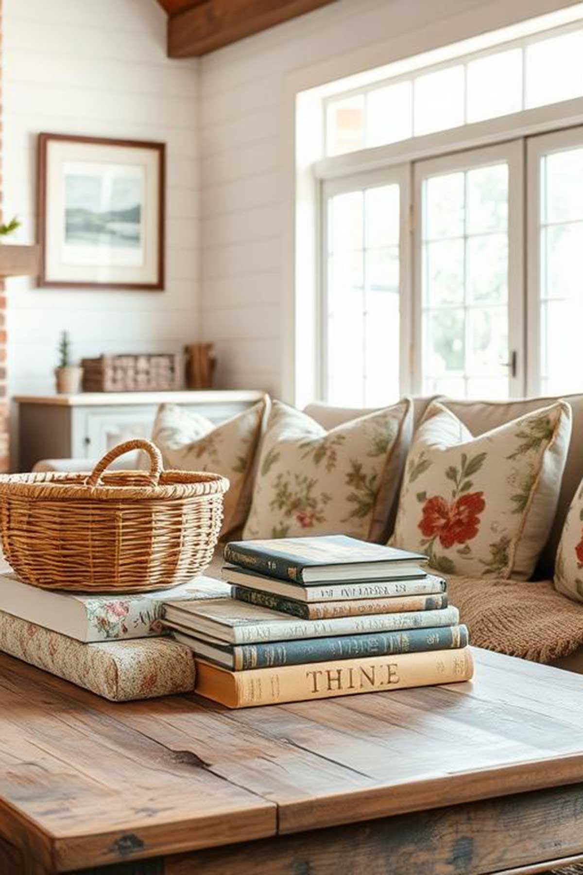 A living room with a couch and a stack of books on a wooden table.
