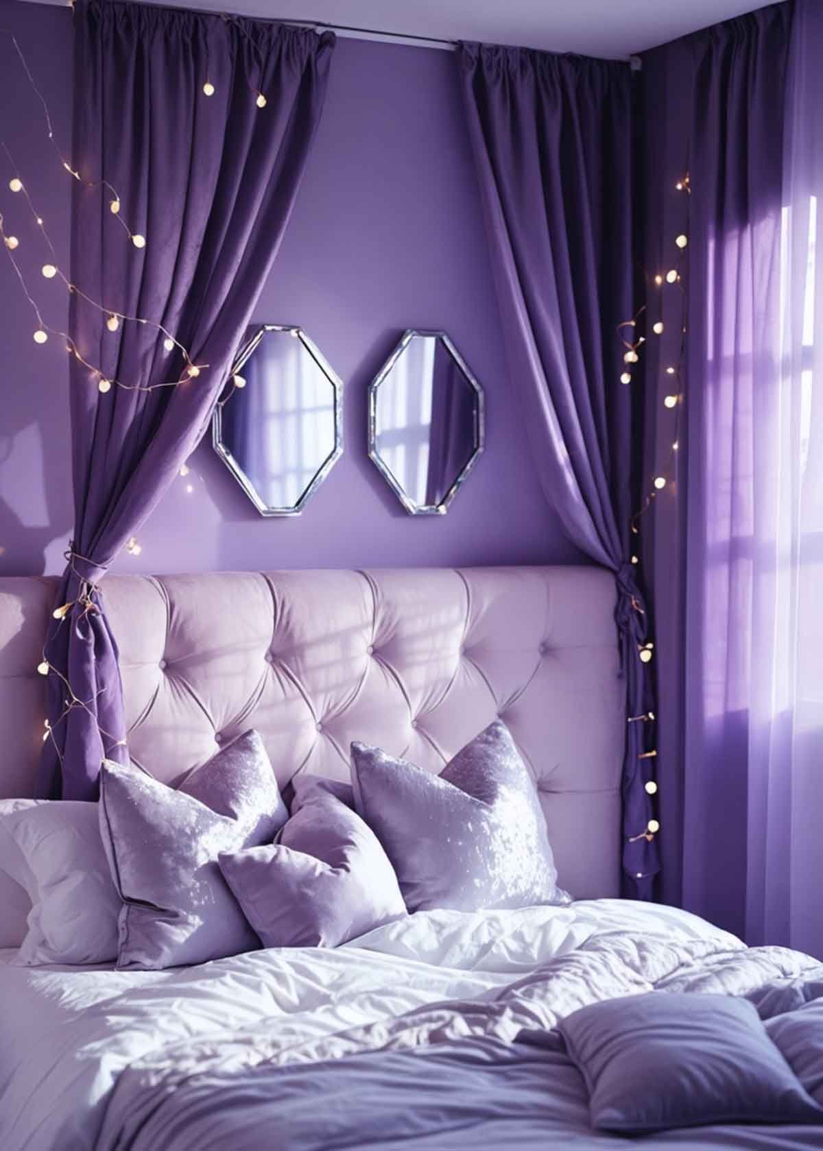 A bedroom with purple walls and a bed with purple curtains