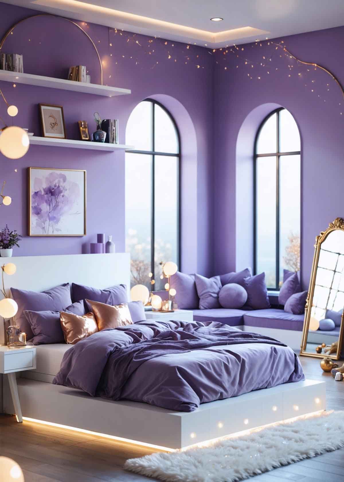 A bedroom with purple walls , a bed , a mirror and a window.