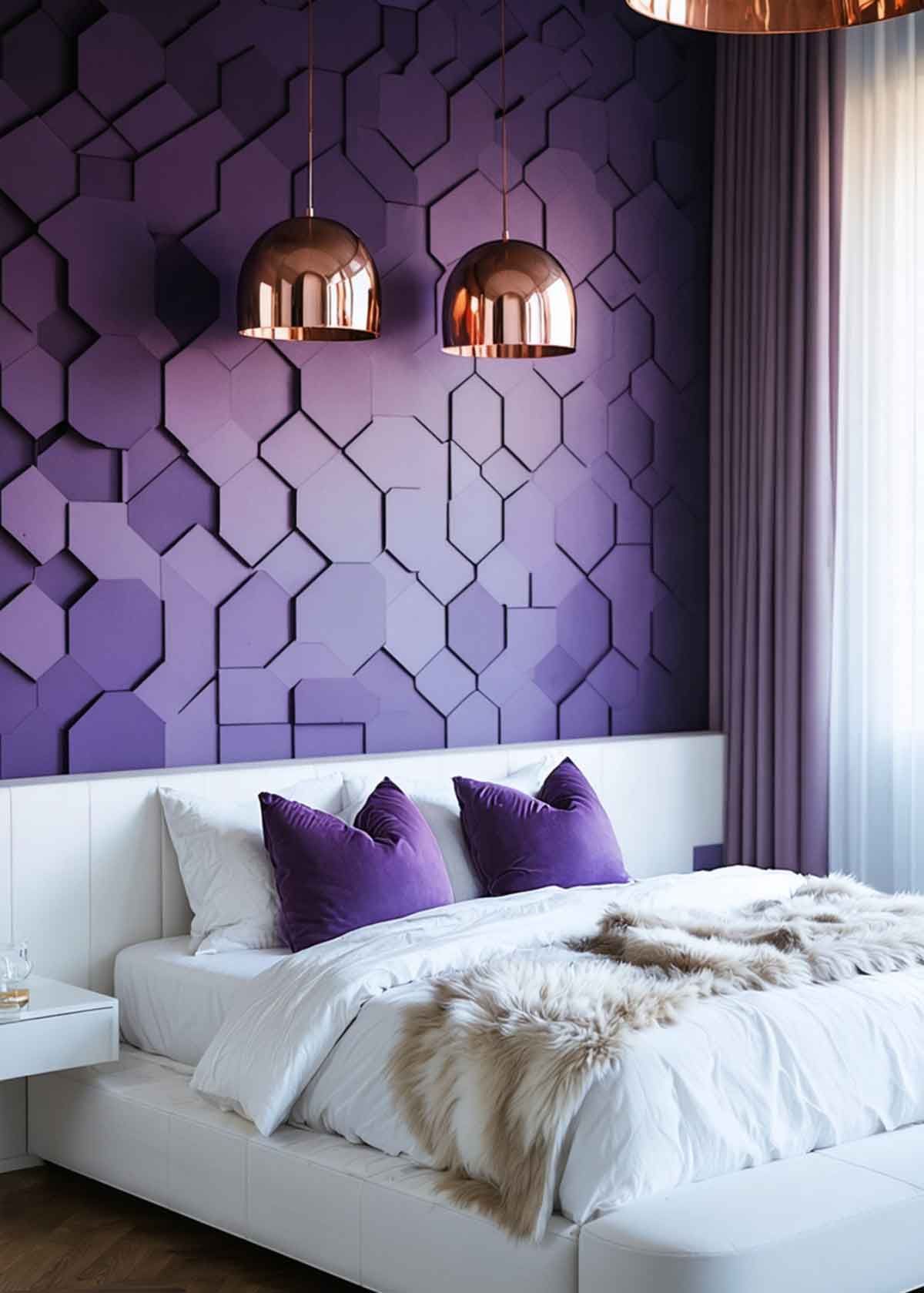 A bedroom with purple walls and a white bed