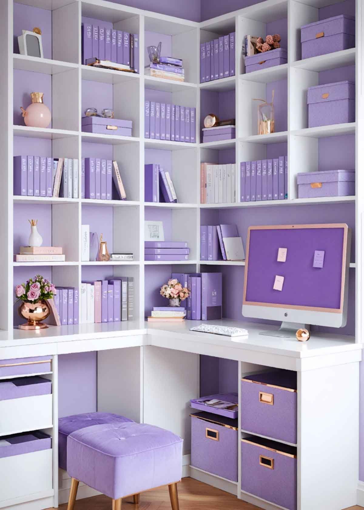 A room with purple walls , shelves , a desk and a computer.