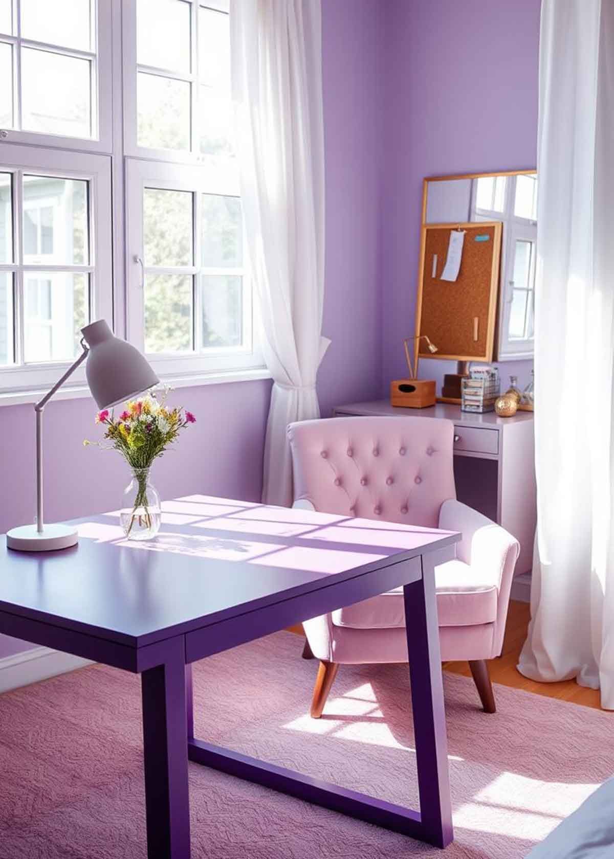 A room with purple walls and a desk and chair