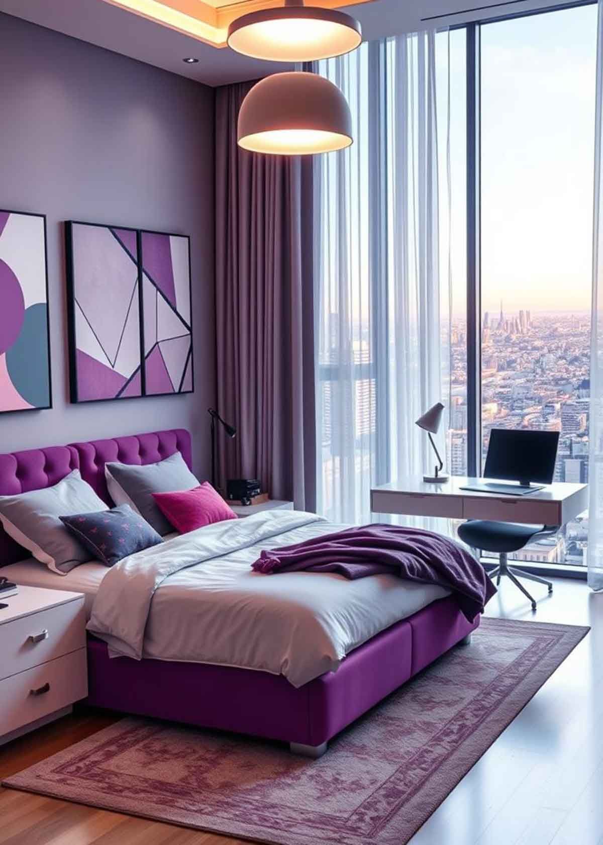 A bedroom with purple walls and a purple bed