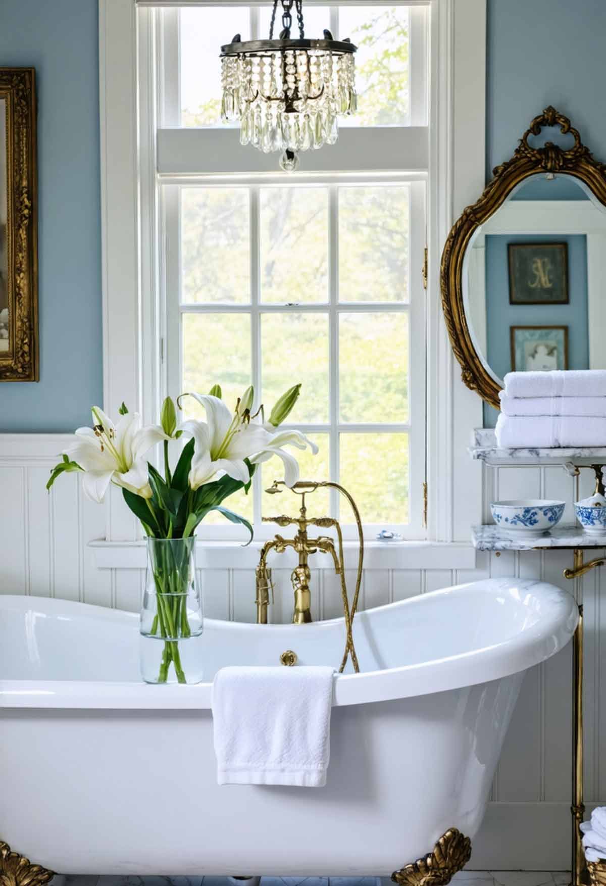 A beautiful Hamptons styled bathroom with a claw foot bath.