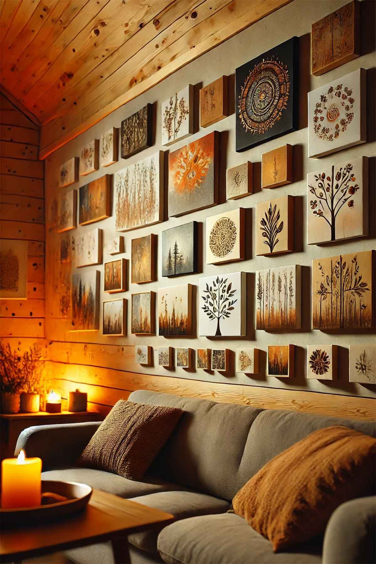 Hand-made-canvases-on-living-room-wall Hand made and painted canvases on a living room wall