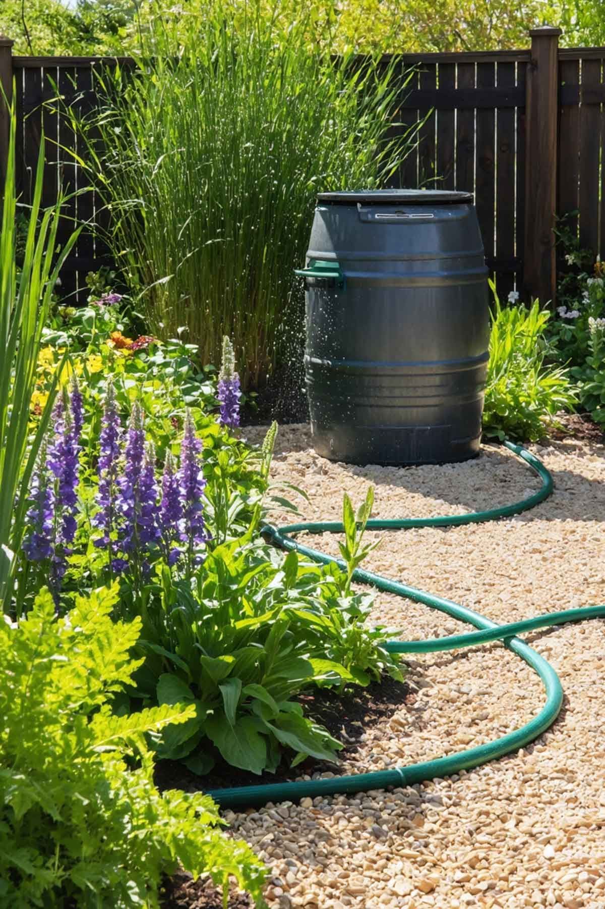 How_to_Create_a_LowMaintenance_Garden_0002 A low maintenance garden with a rainwater barrel and stone walkway