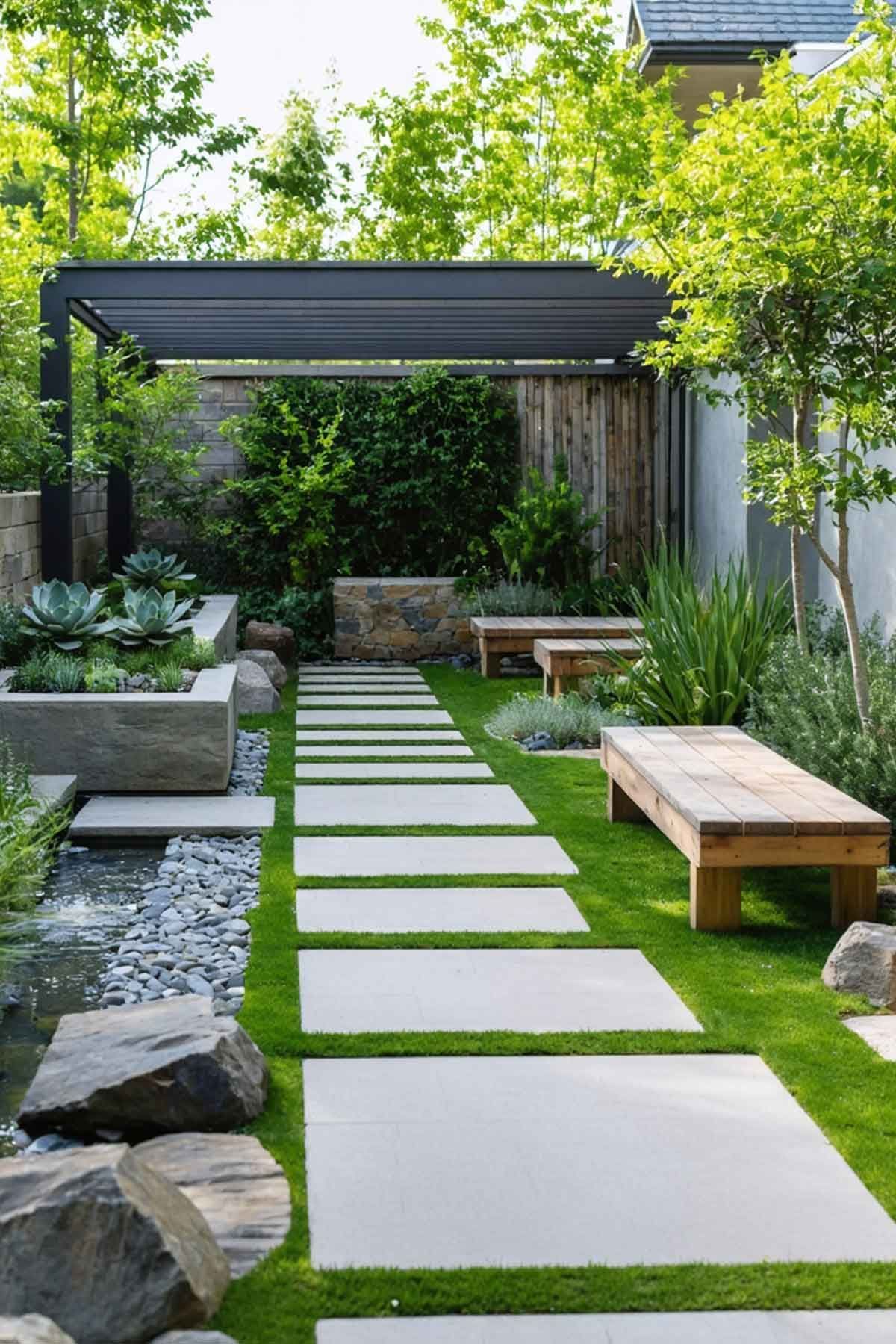How_to_Create_a_LowMaintenance_Garden_0003 A lovely garden with a concrete path and bench seating