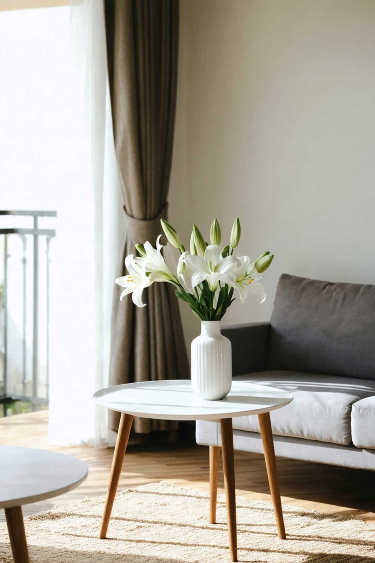 A living room with a couch , coffee table , and plant embracing the minimalist style of decorating