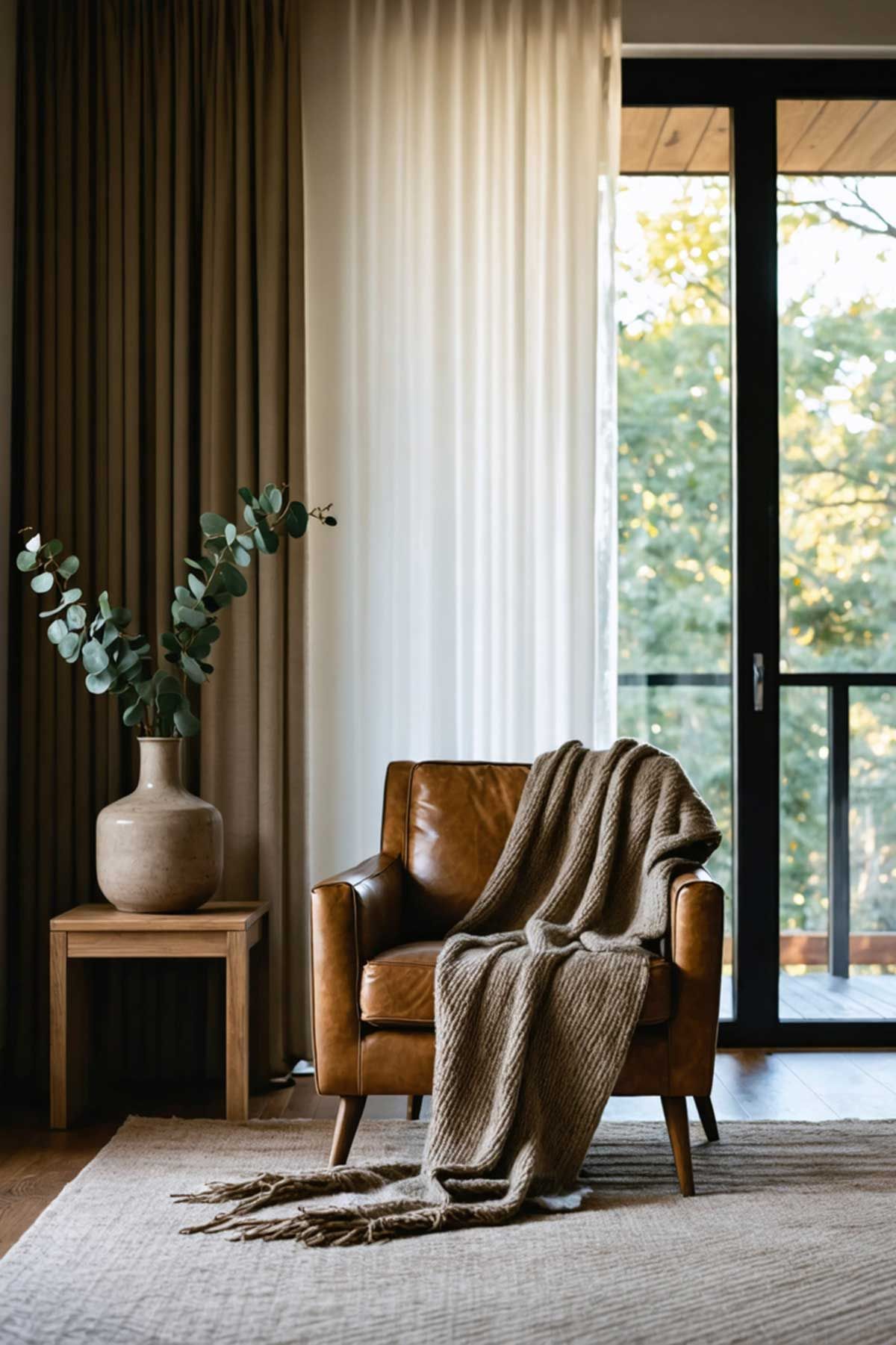 A living room with a couch , coffee table , and plant embracing the minimalist style of decorating