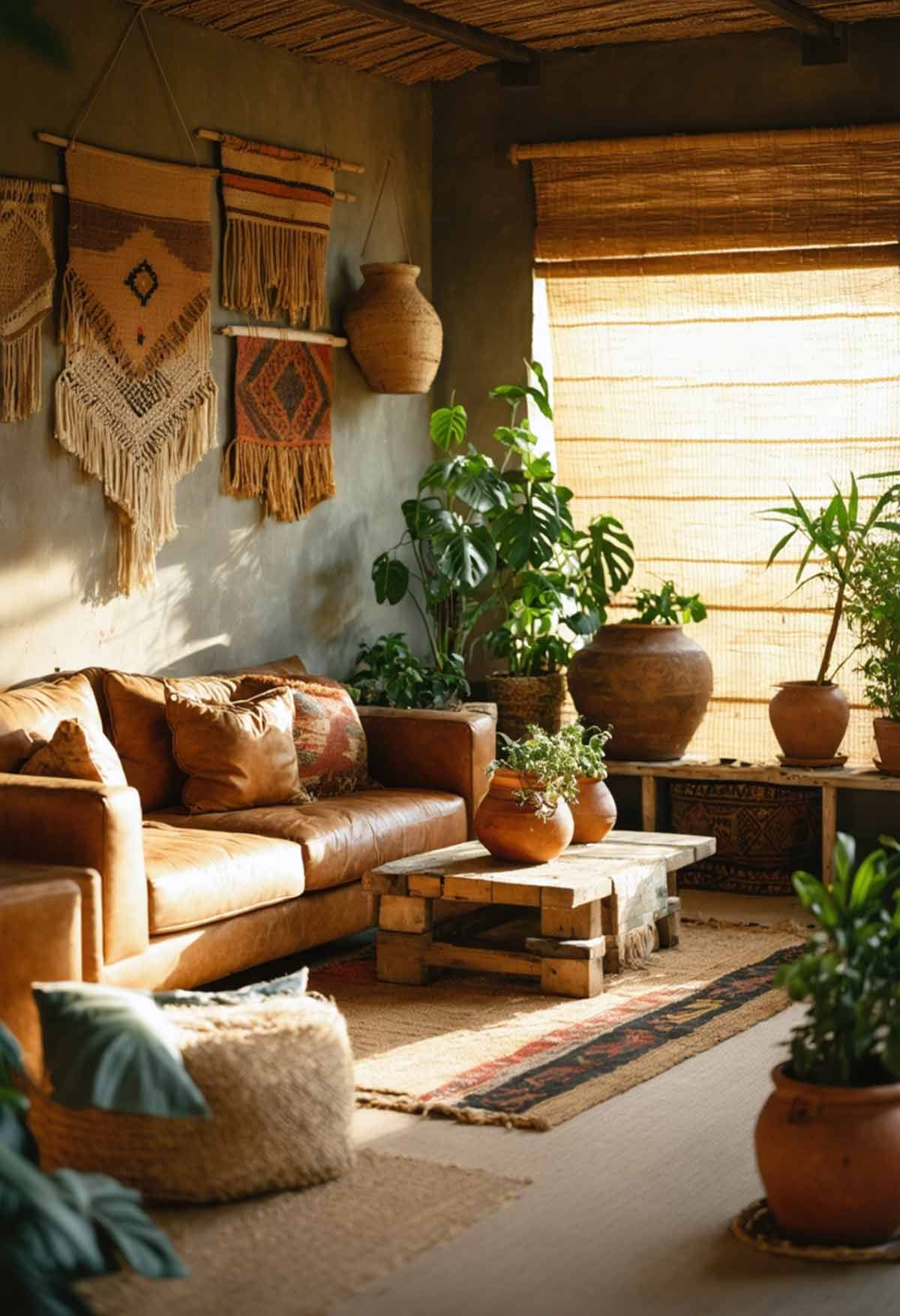 How_to_Layer_Textures_in_Bohemian_Interiors_0003 Boho look living area using natural materials and colours