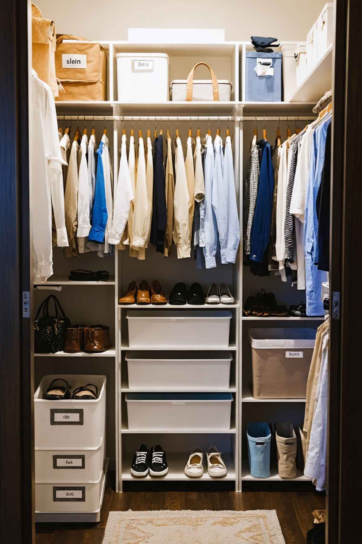 How_to_Organize_a_Small_Closet_Effectively_0001 A small closet using storage drawers and boxes for best use.
