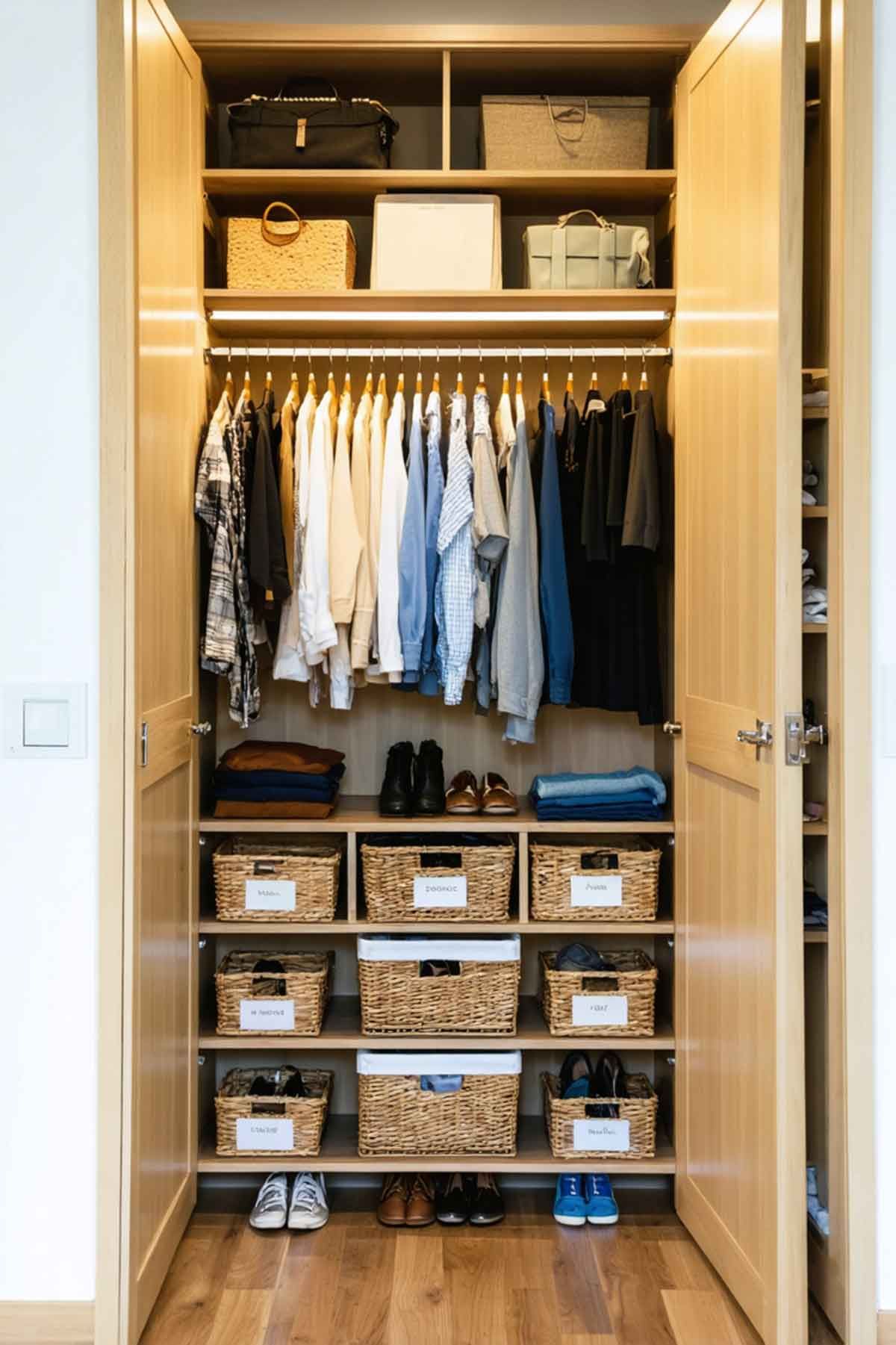 How_to_Organize_a_Small_Closet_Effectively_0004 An organised closed with timber shelving and short hanging space