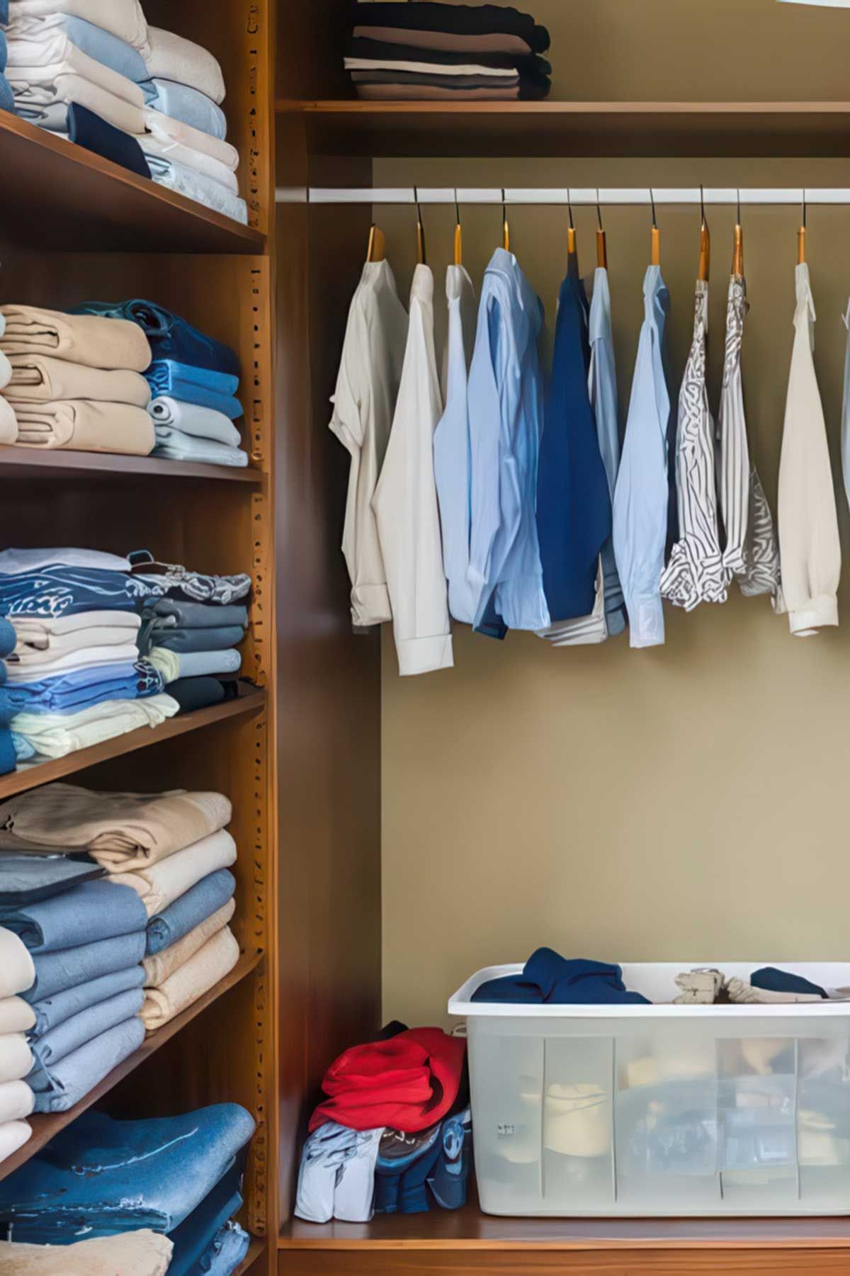 How_to_Organize_a_Small_Closet_Effectively_1 Closet with many pairs of jeans on the self.