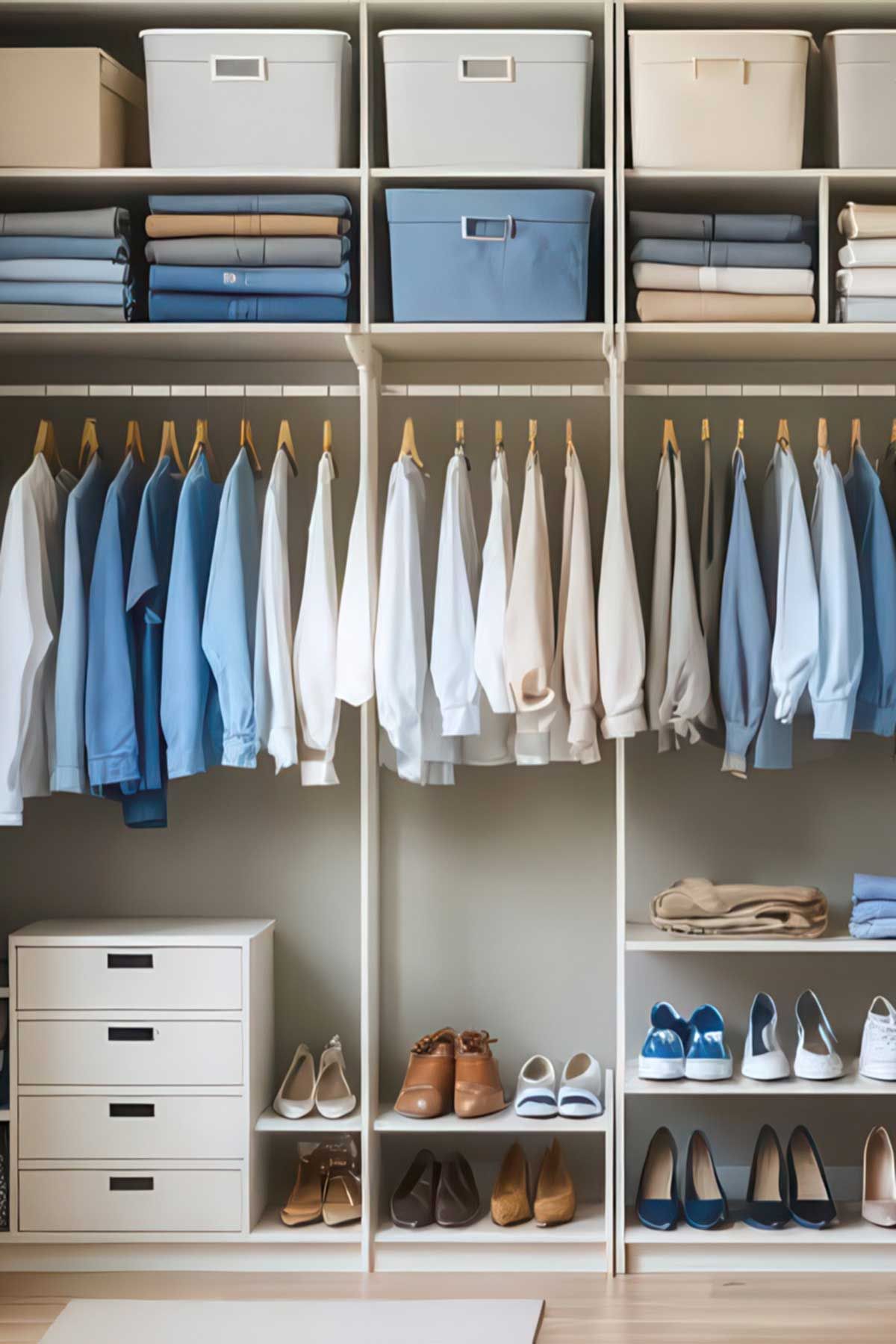 How_to_Organize_a_Small_Closet_Effectively_3 A closet embracing the colour matching theme of storage