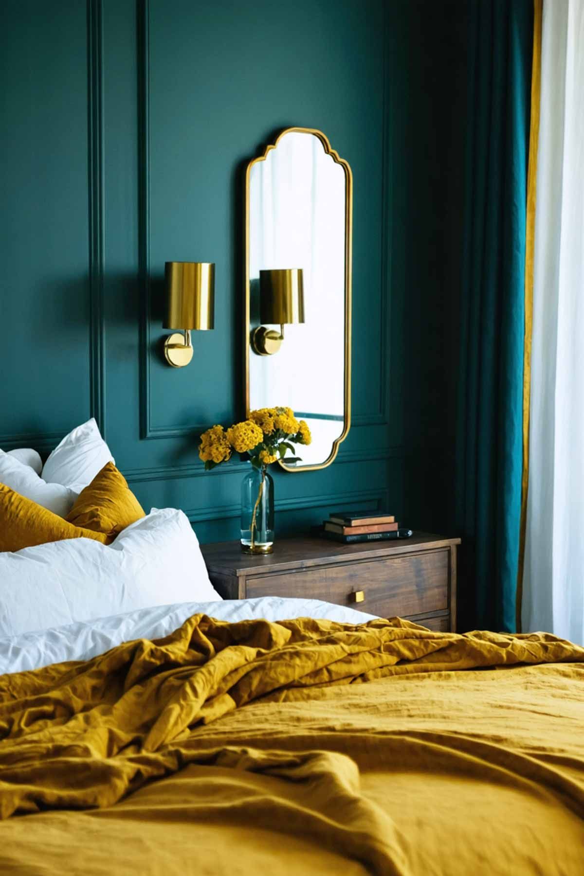 How_to_mix_modern_and_vintage_styles_in_your_bedroom_0001 A vintage styled bedroom with deep green walls and mustard bed covers.