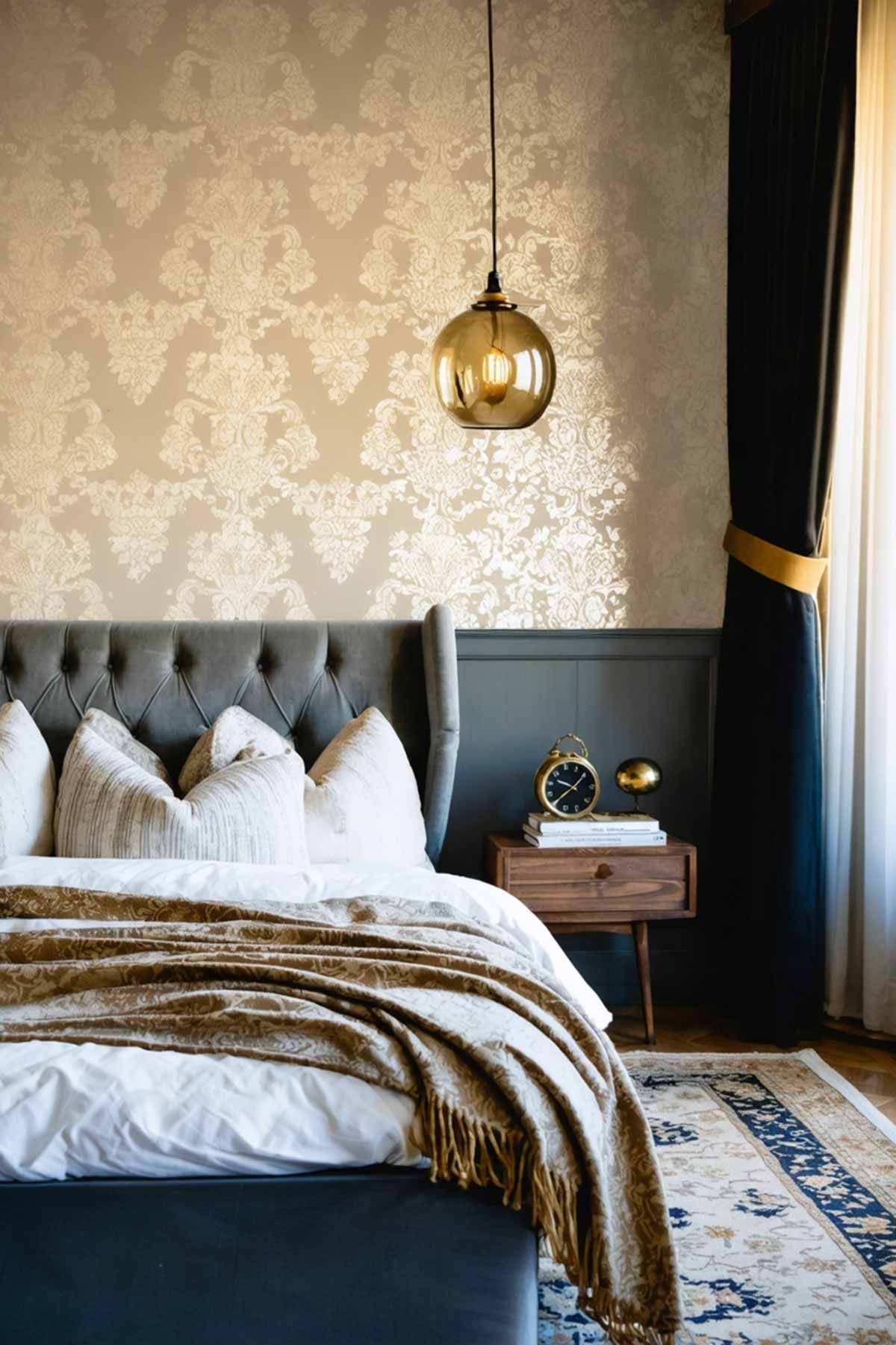 How_to_mix_modern_and_vintage_styles_in_your_bedroom_0003 A luxurious bedroom with a grey upholstered bed head, vintage style wallpaper and a golden class light fixture.