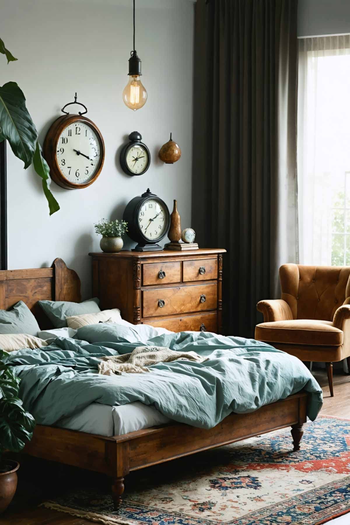 How_to_mix_modern_and_vintage_styles_in_your_bedroom_0004 A modern styled bedroom with vintage clocks on the wall to create interest.
