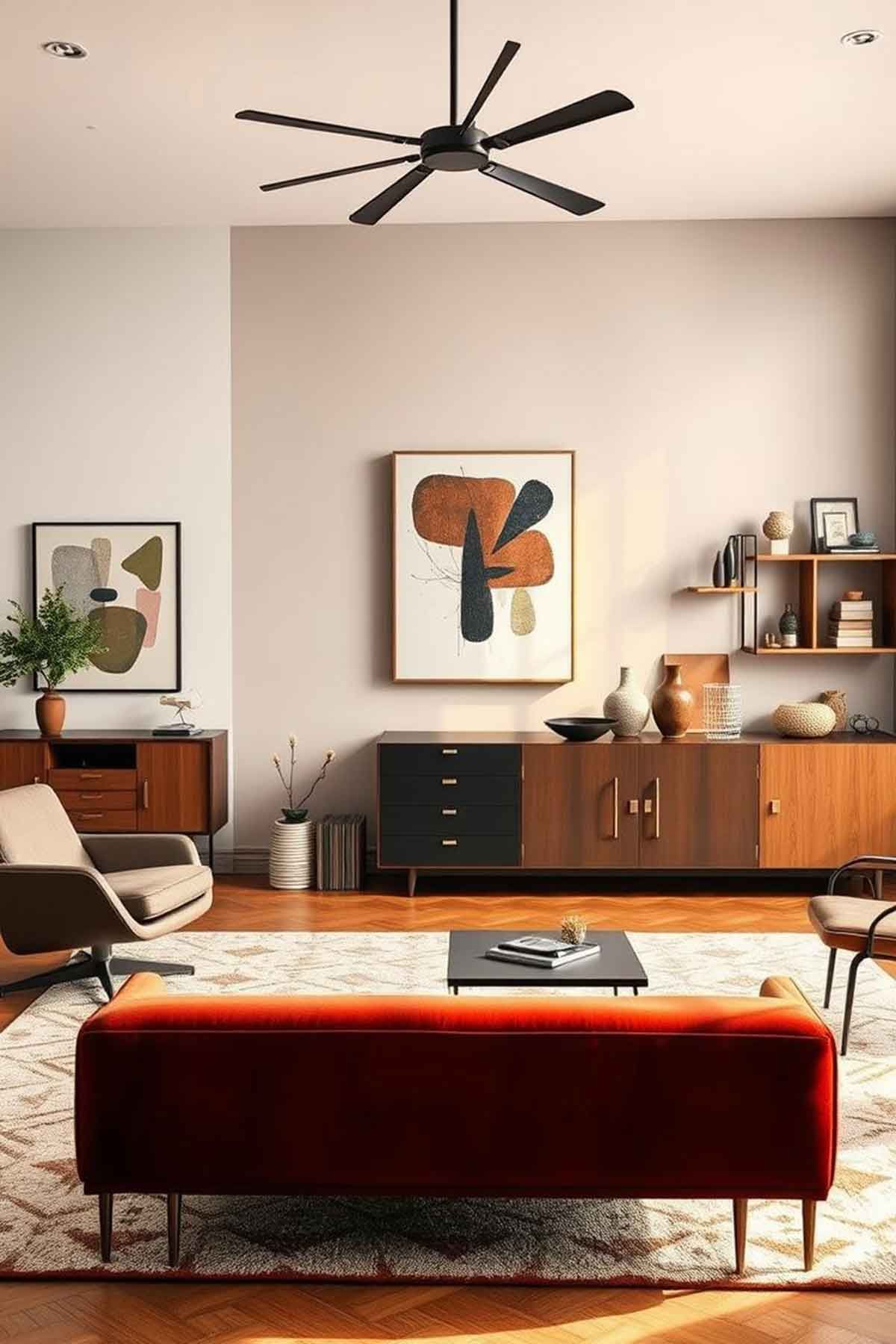 A living room with a red couch and a ceiling fan.