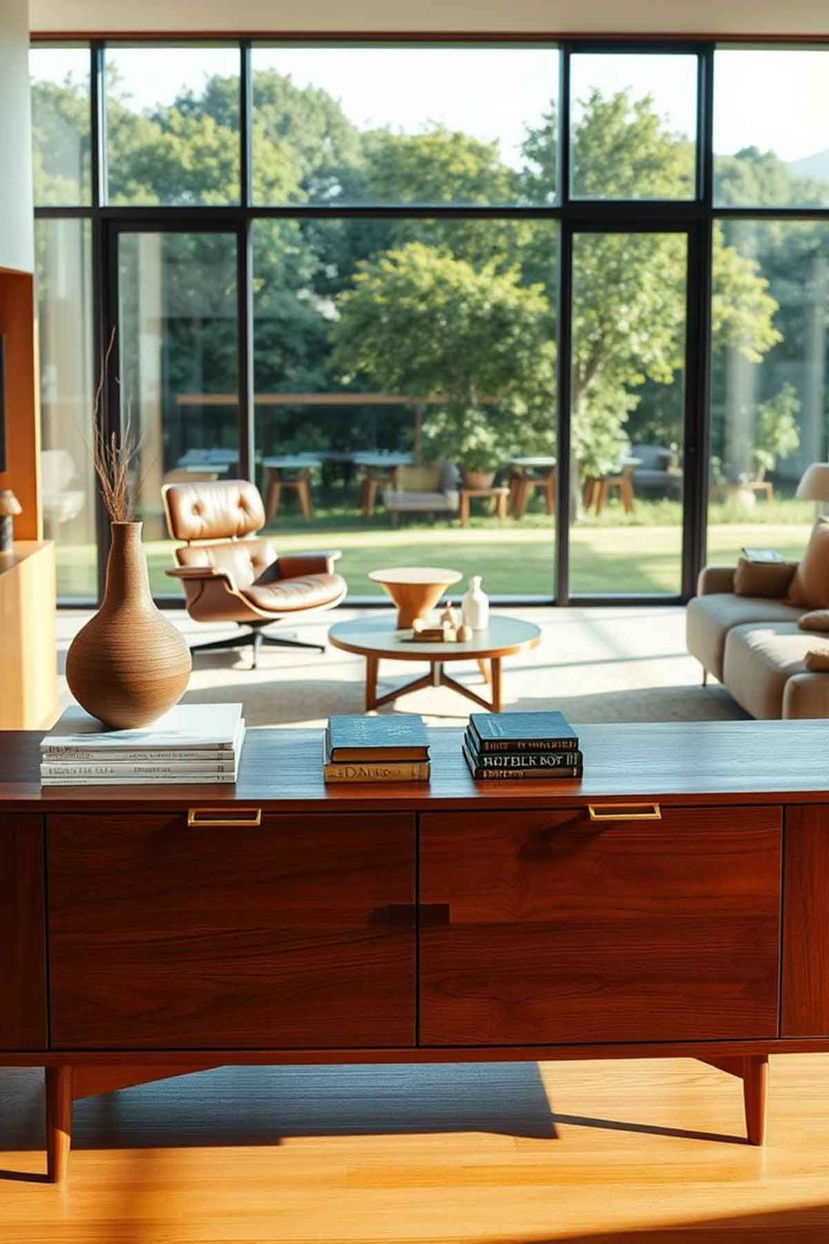 A living room with a large window and a wooden table.