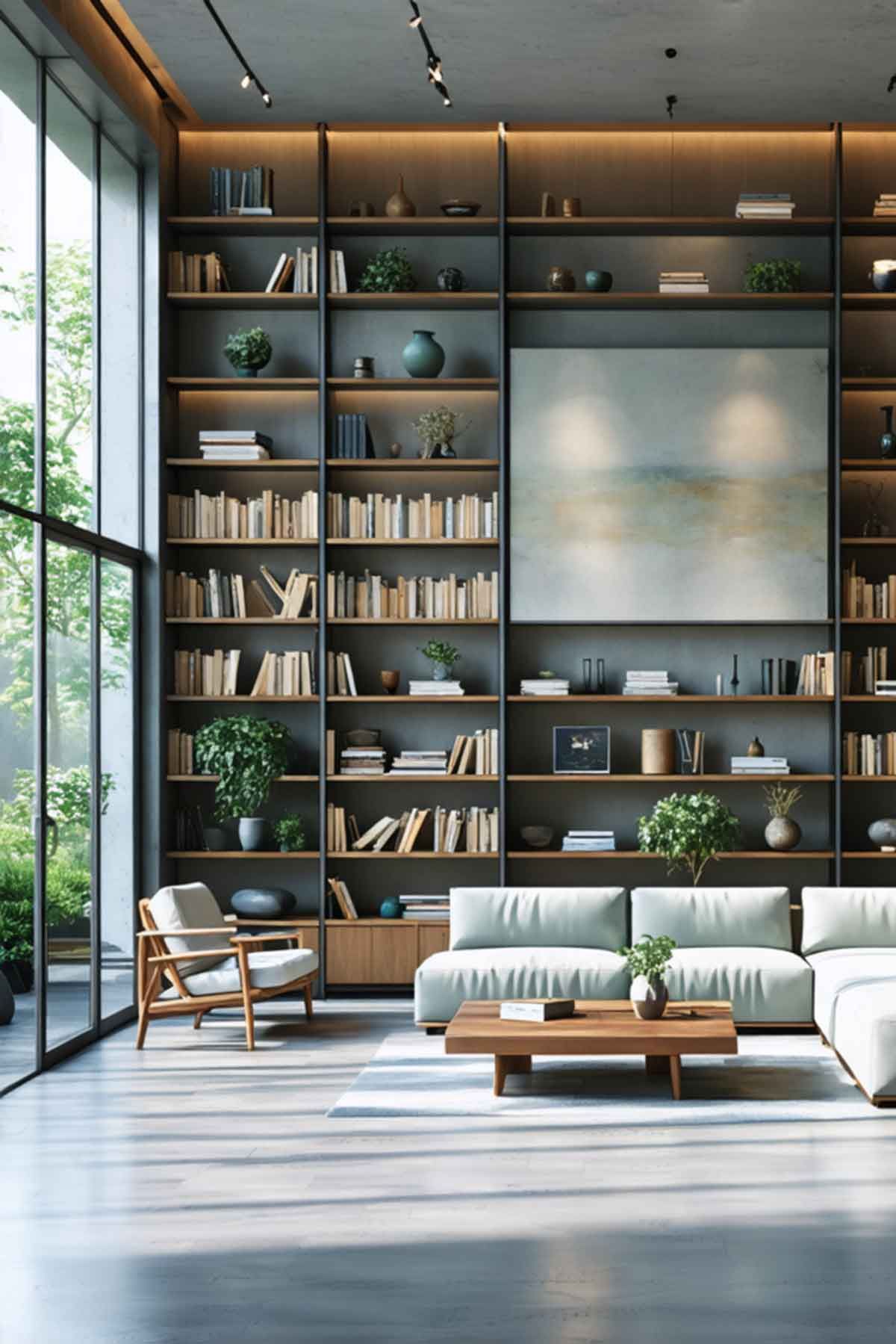 A living room with a lot of bookshelves and a couch
