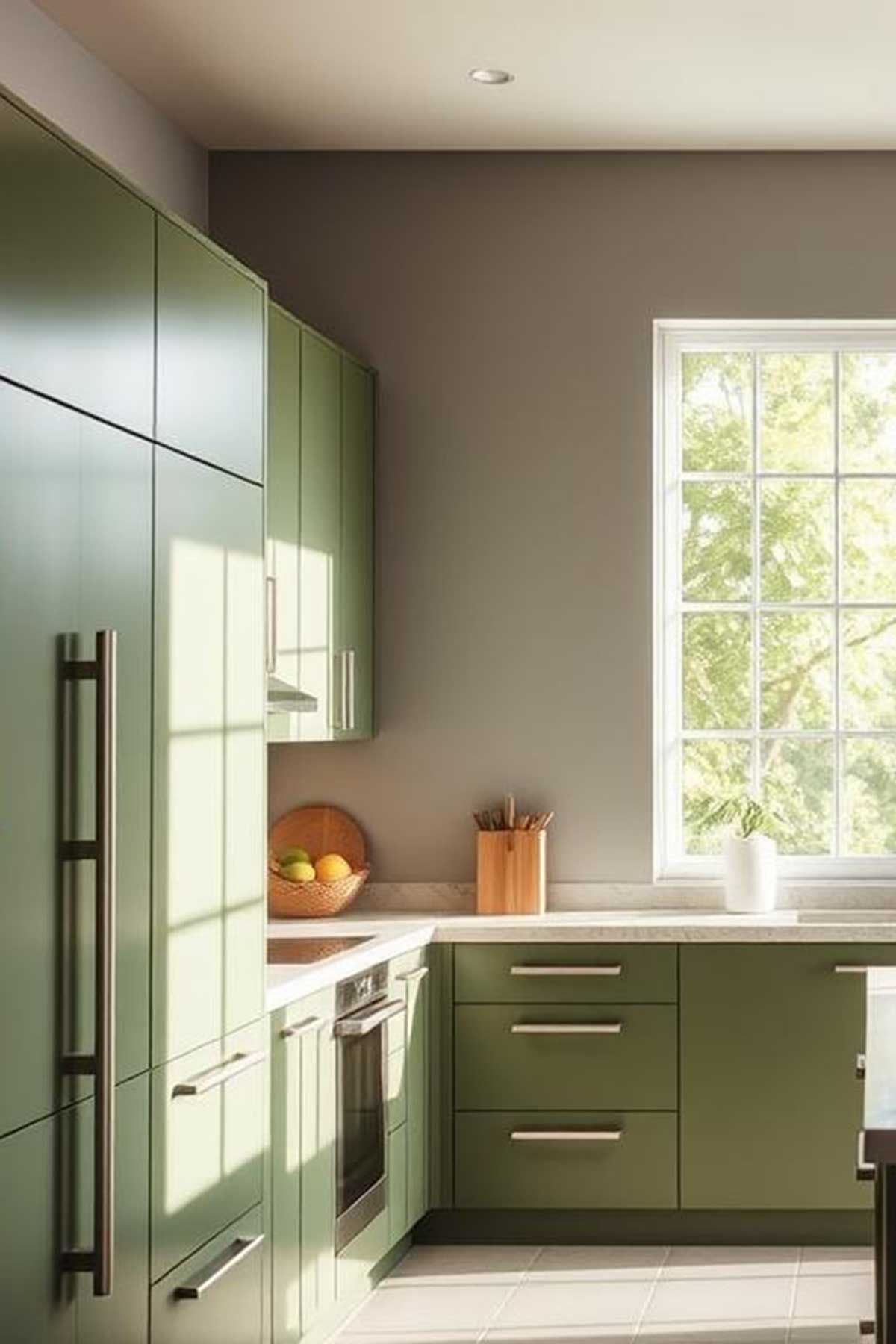 A kitchen with green cabinets and a window.