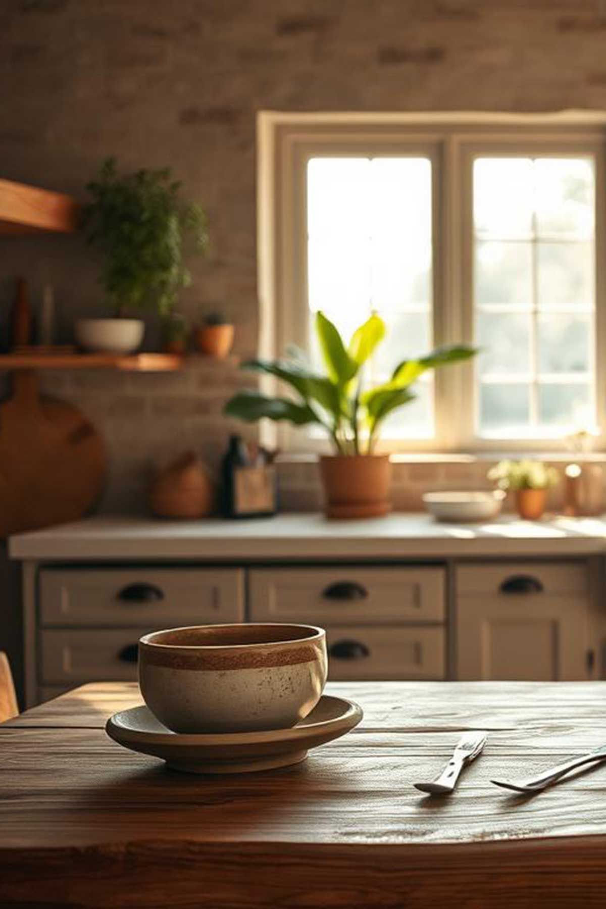 A bowl of soup is sitting on a saucer on a wooden table in a kitchen.
