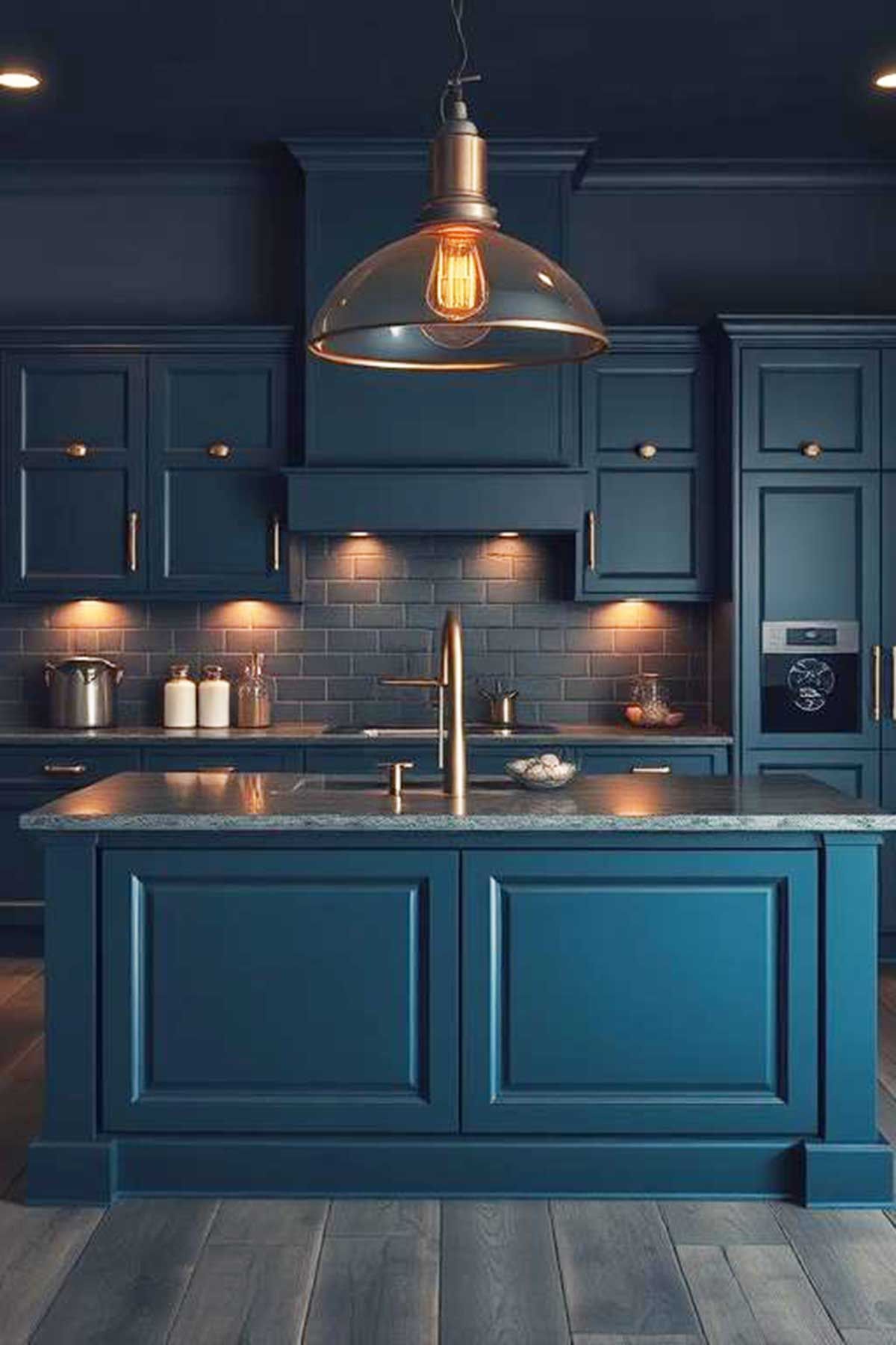 A kitchen with dark blue cabinets and a large island.