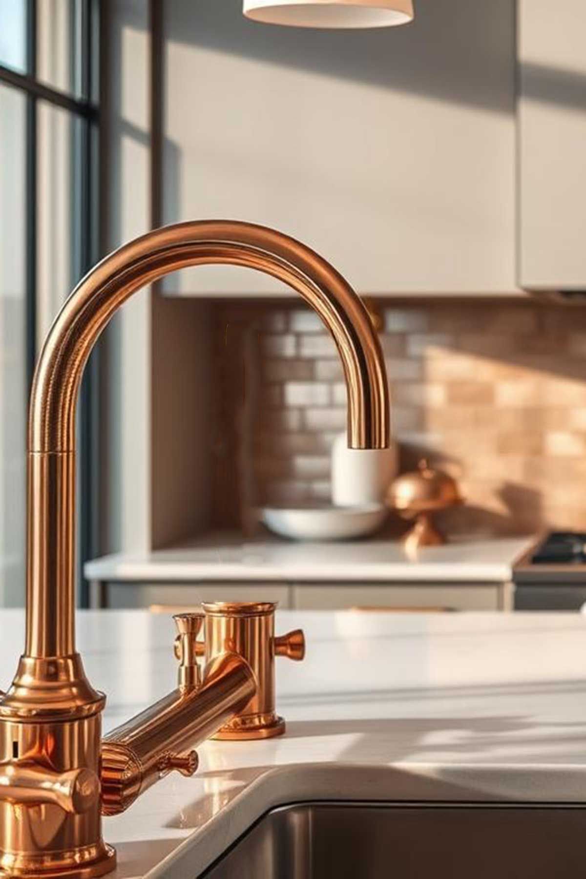 A close up of a copper sink faucet in a kitchen.
