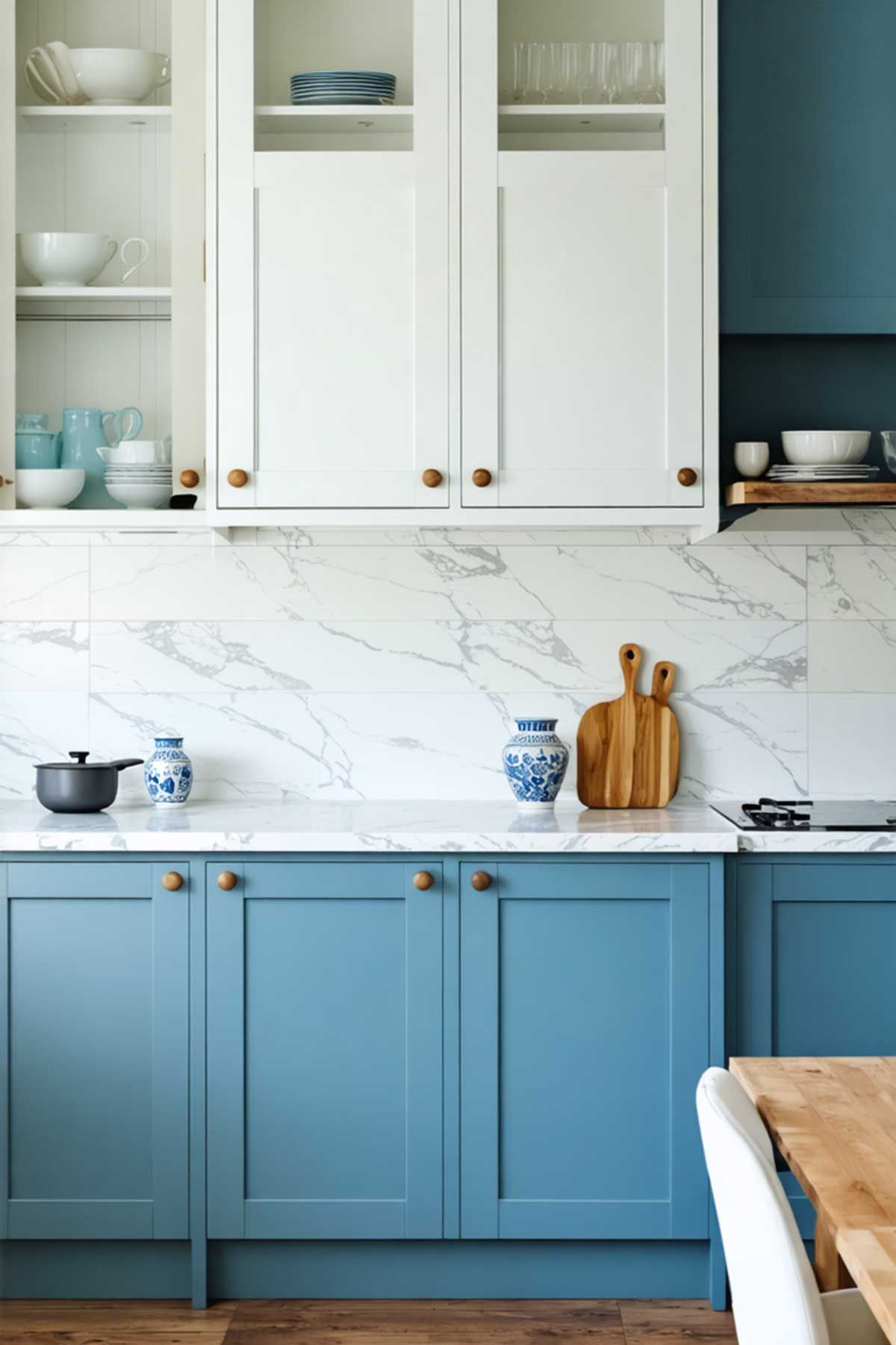 A kitchen with blue cabinets and white cabinets and a cutting board on the counter.