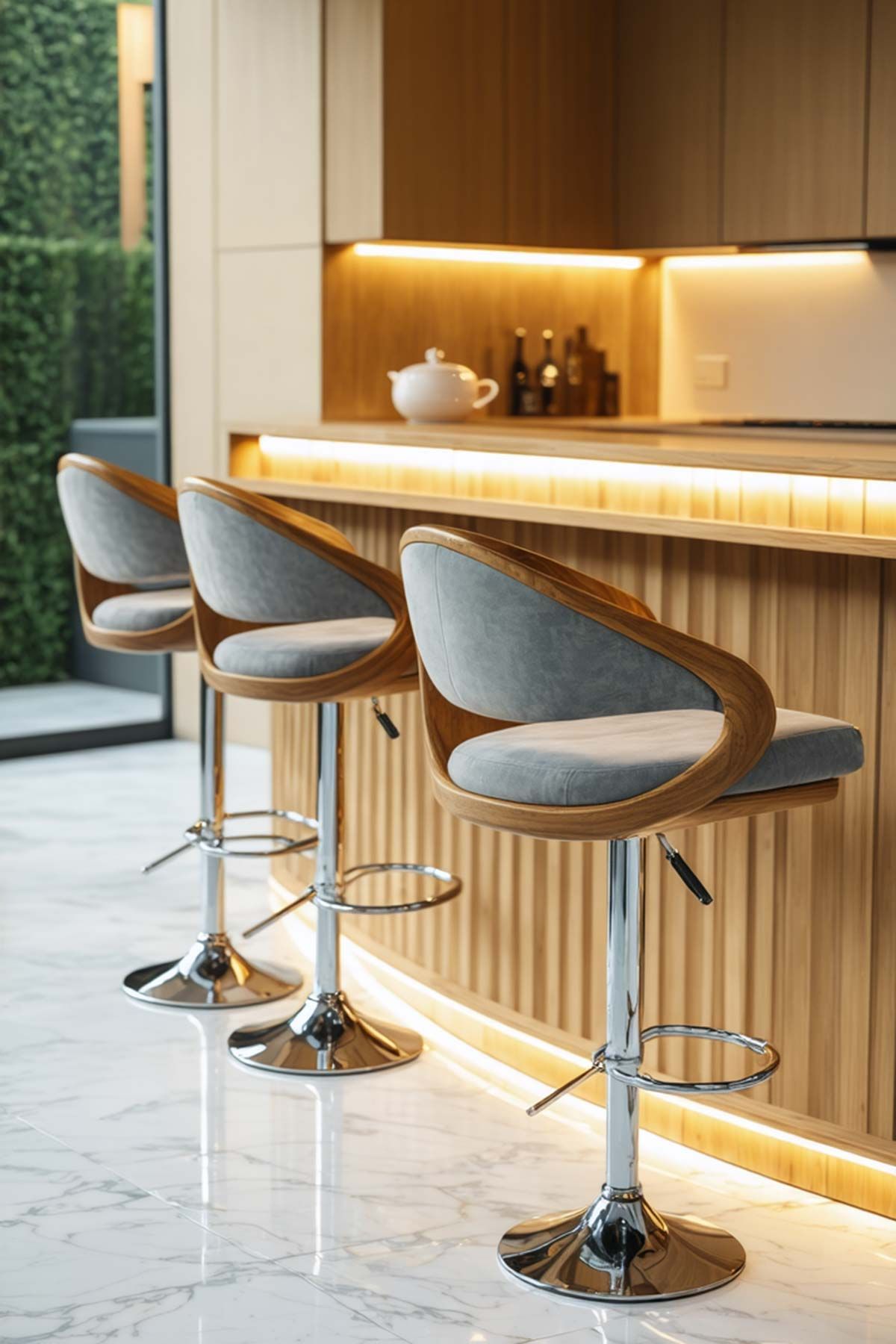 Three bar stools are sitting next to each other in a kitchen with a timber faced island.