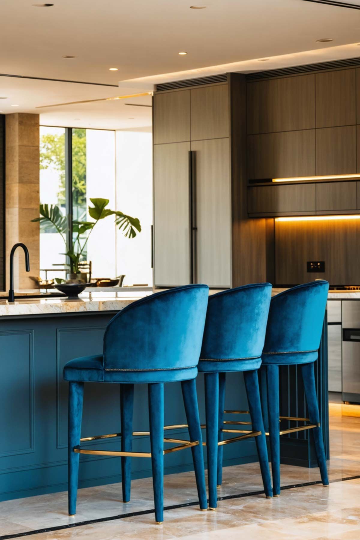 Three blue bar stools are sitting next to each other in a kitchen.