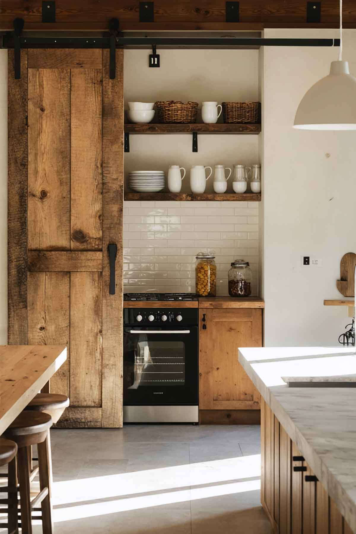 A kitchen with a sliding barn door and wooden cabinets