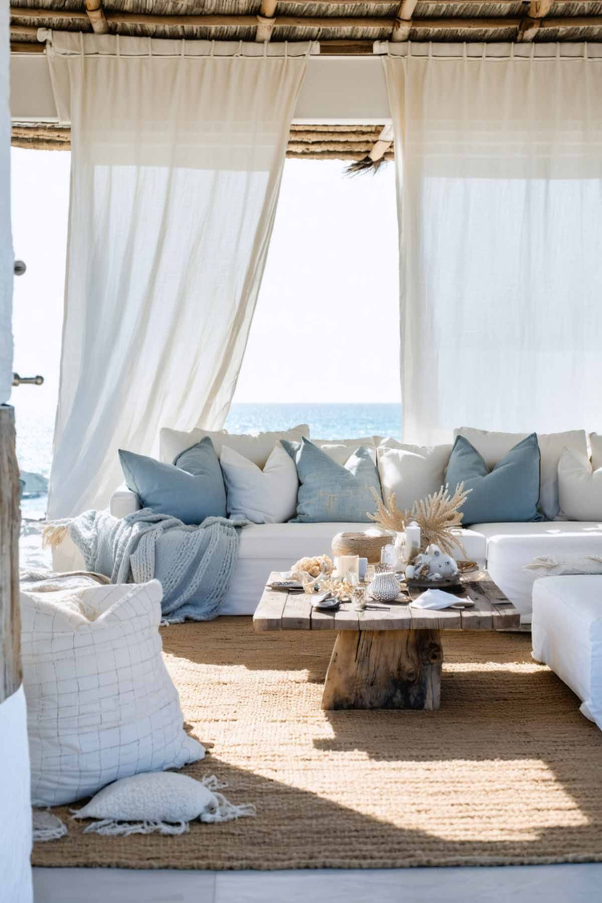 Layering_your_living_room_soft_furnishings_for_a_coastal_look_0001 A beachy styled living room with multiple coloured blue cushions and a natural timber coffee table.