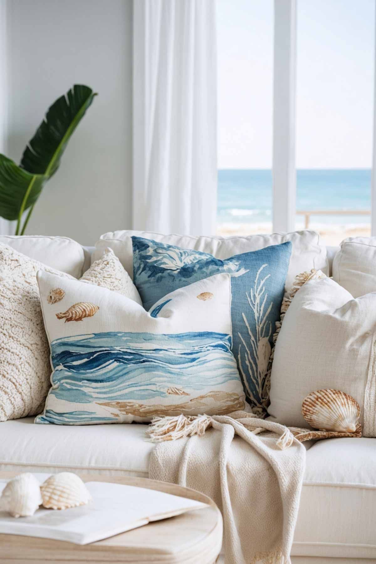 Layering_your_living_room_soft_furnishings_for_a_coastal_look_0003 Printed cushions with an ocean theme on a white lounge with a fawm throw rug