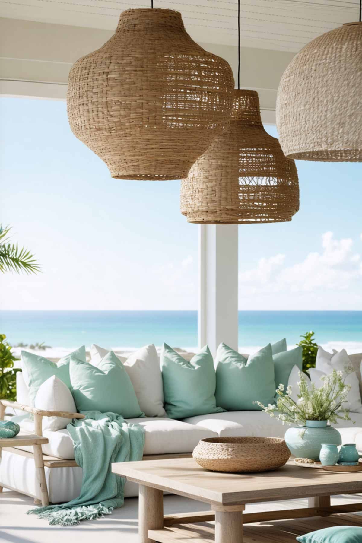 Lighting-For-A-Coastal-Living-Room Rattan suspended lighting in a coastal inspired living room