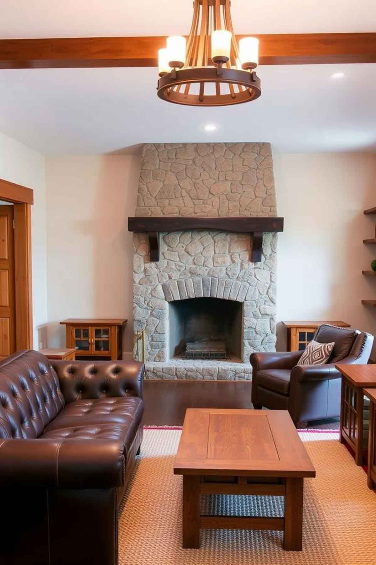 A living room with a stone fireplace and a chandelier in Mission style decor