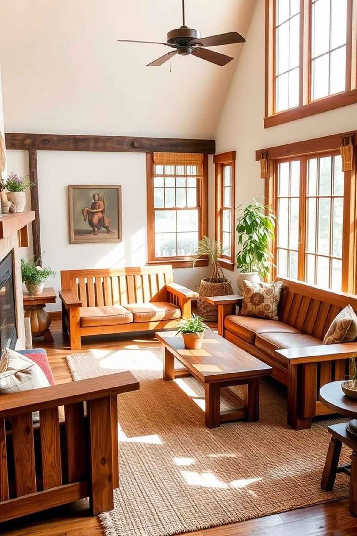 A living room with wooden furniture , a fireplace and a ceiling fan.