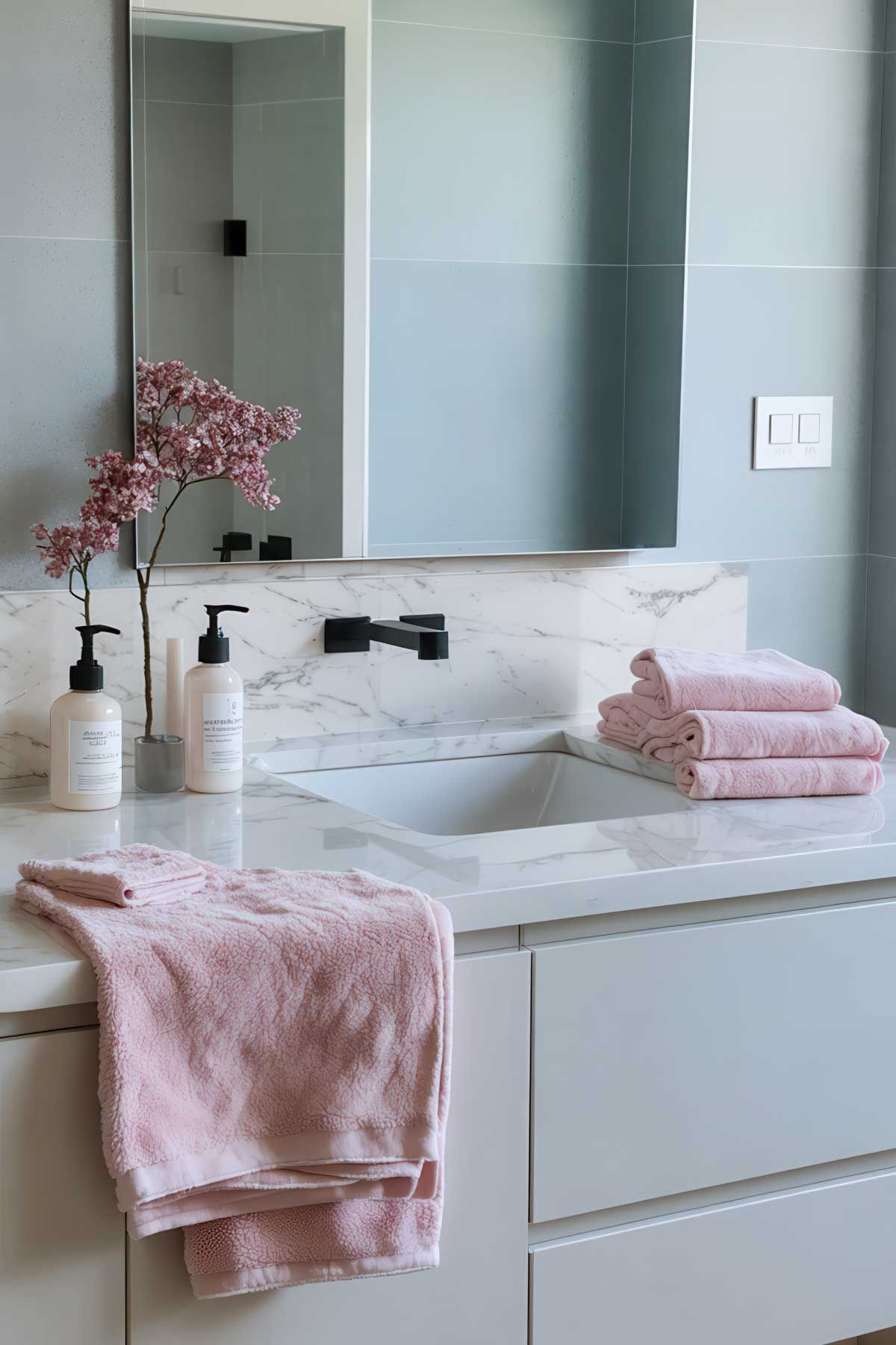 A bathroom with a sink , mirror , and pink towels.