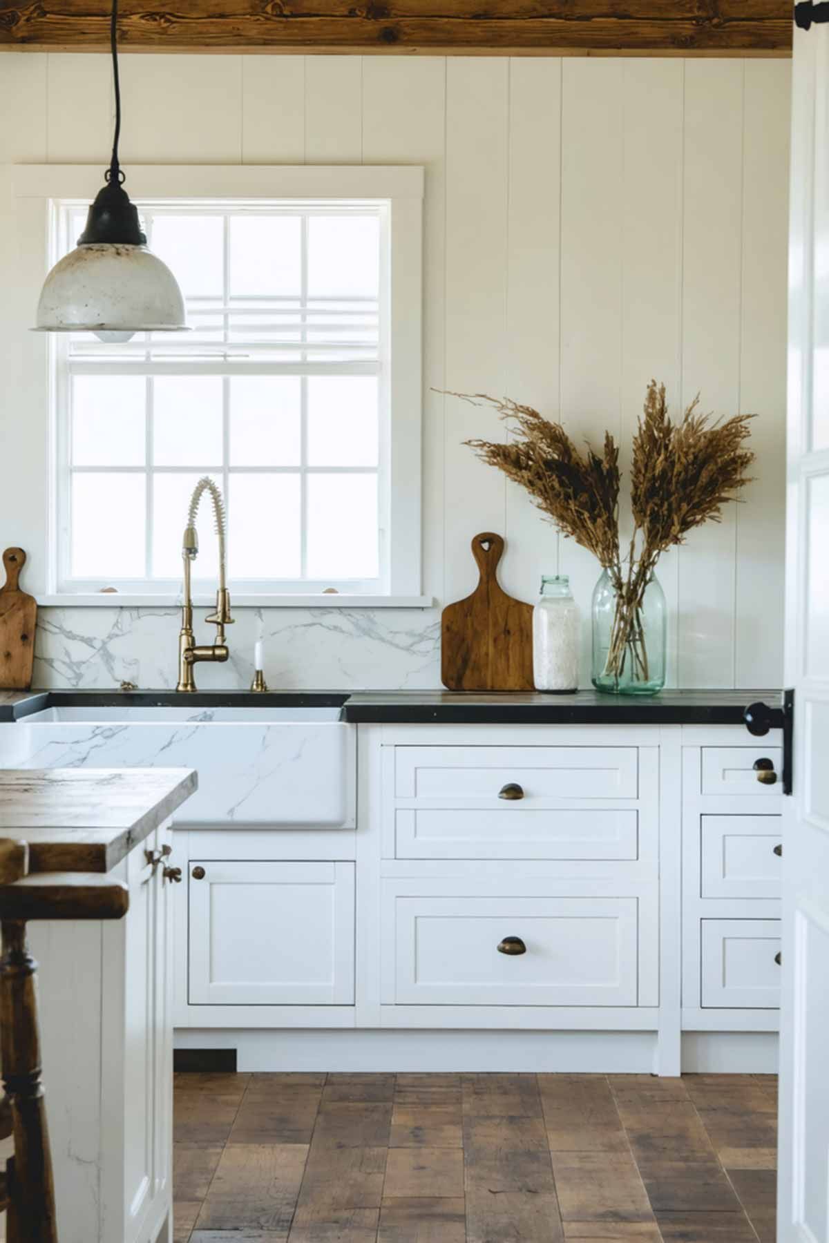 A kitchen with white cabinets , a sink , and a window.