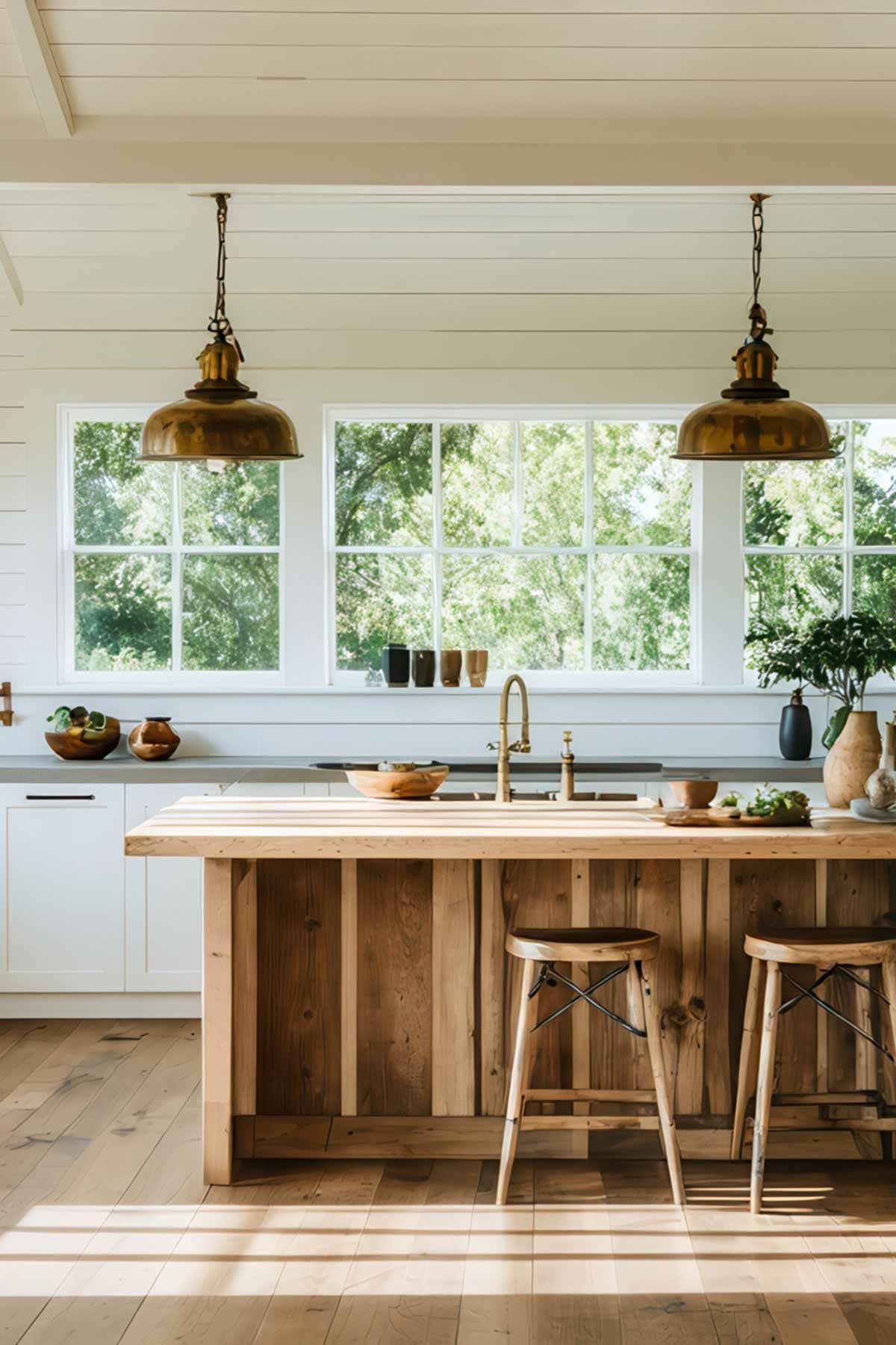 A kitchen with a wooden island , stools and a sink.