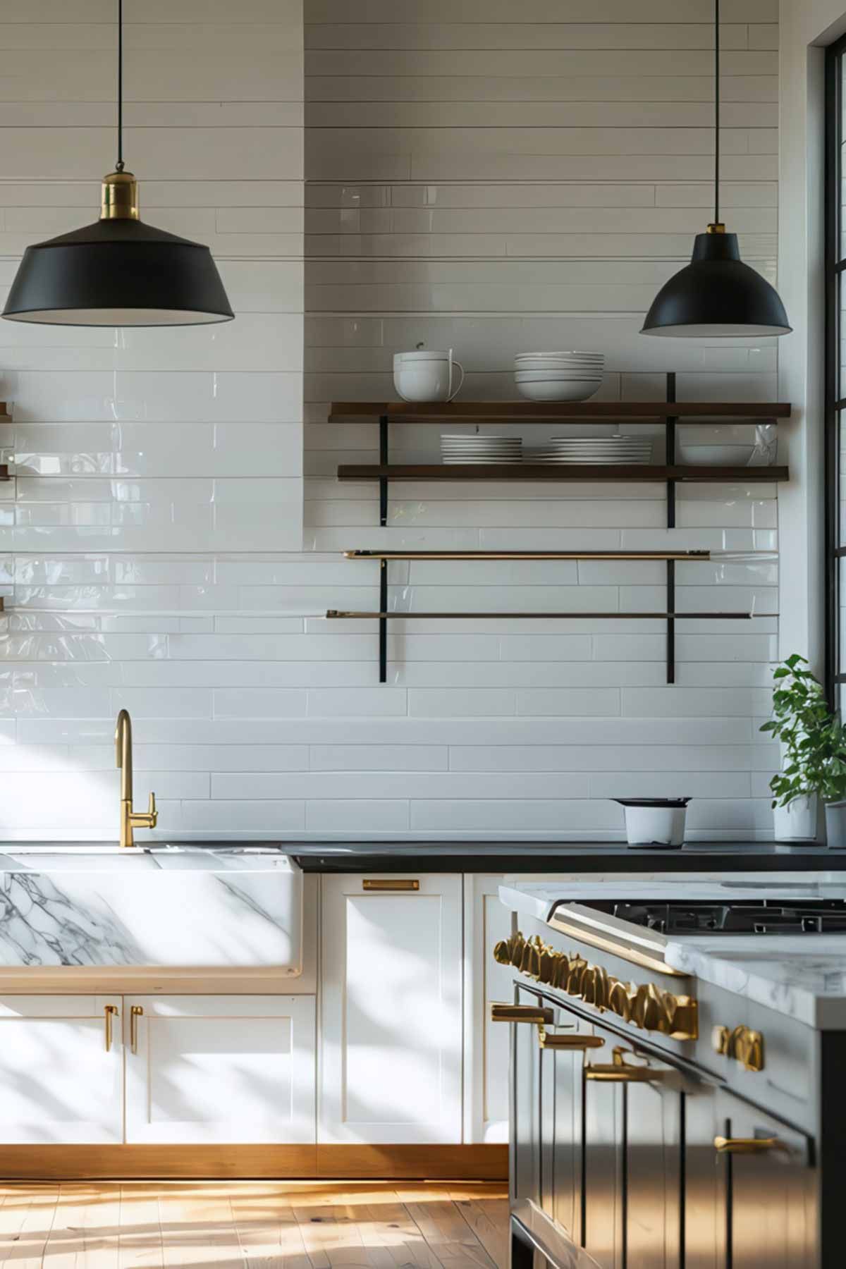 A kitchen with white cabinets , a sink , a stove , and a window.
