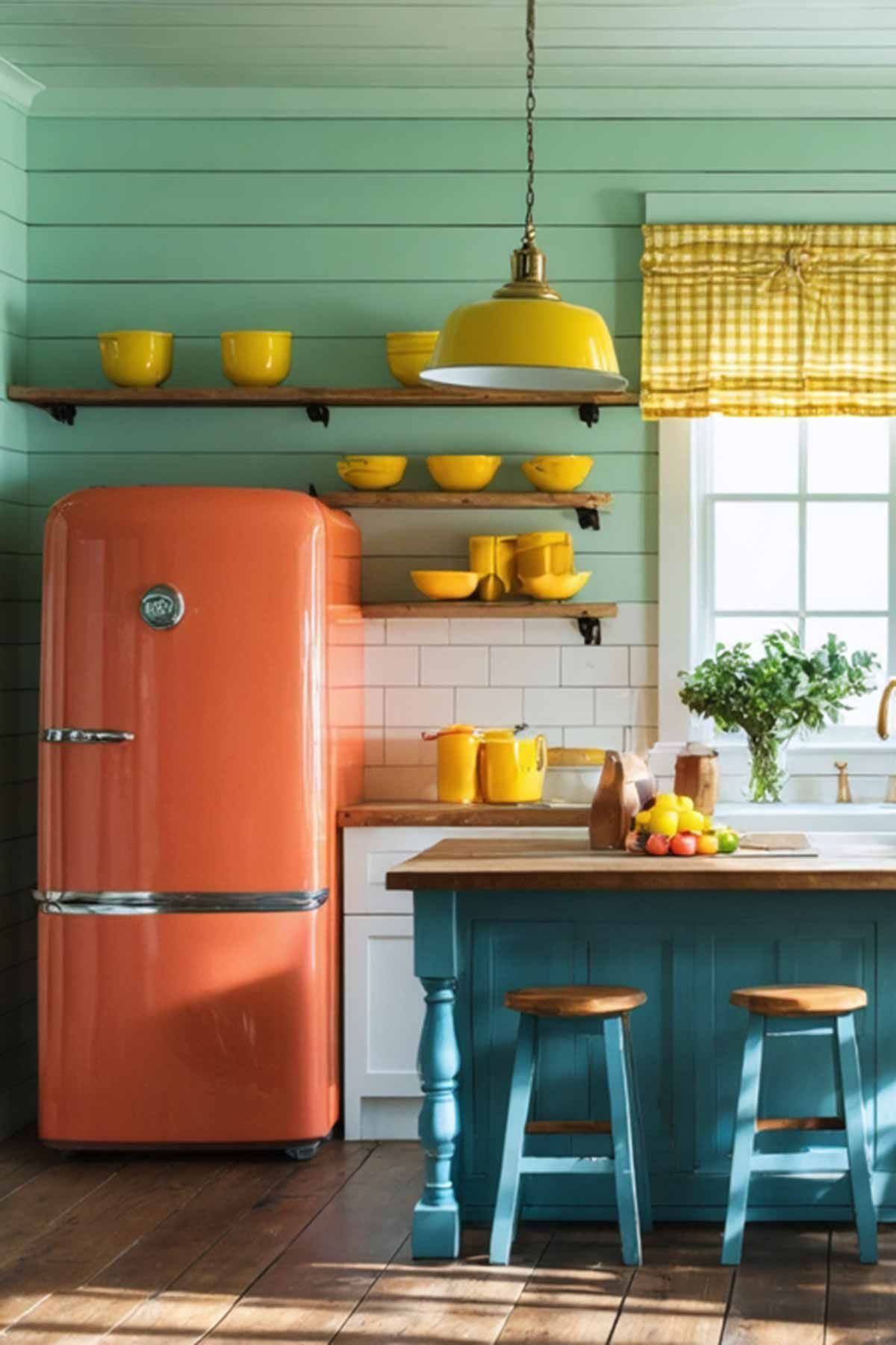 A kitchen with green walls and an orange refrigerator.