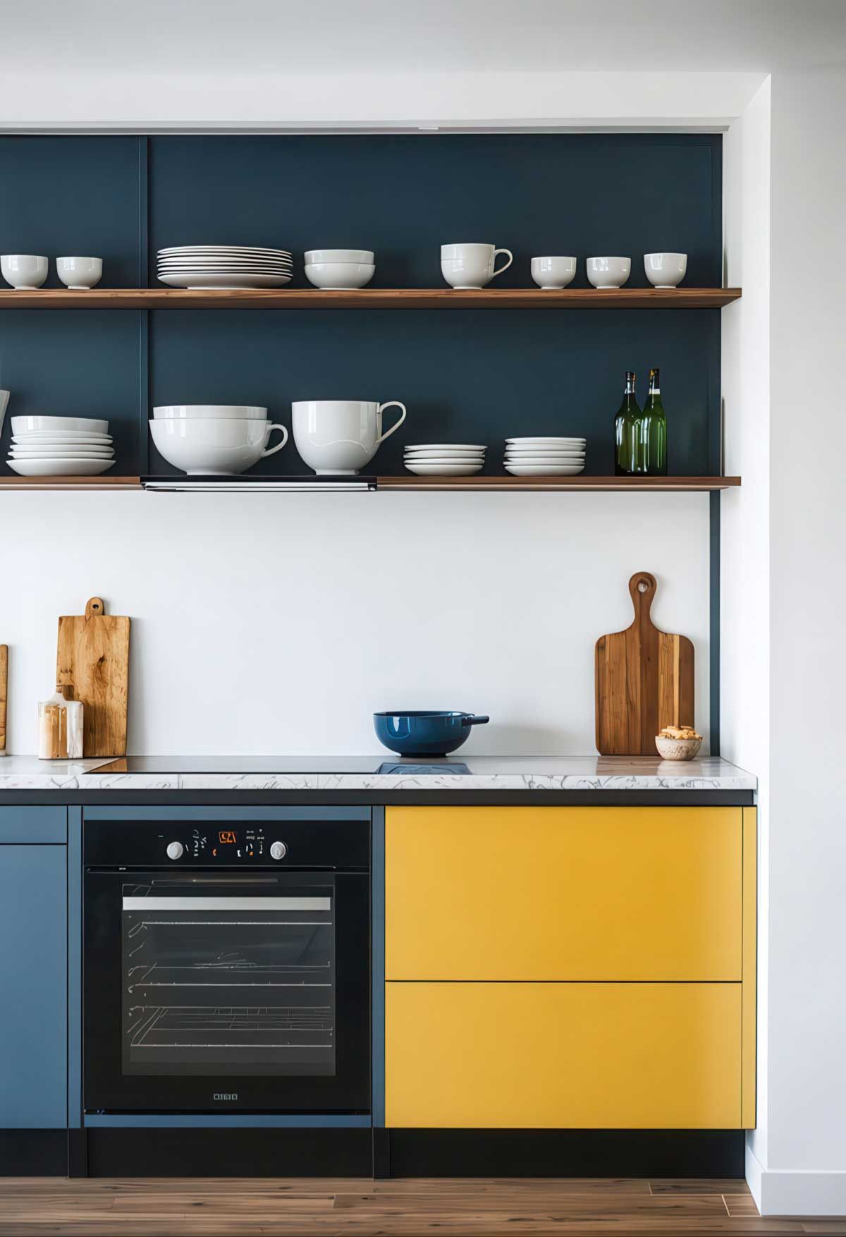 A kitchen with blue cabinets and yellow drawers and a black stove top oven.