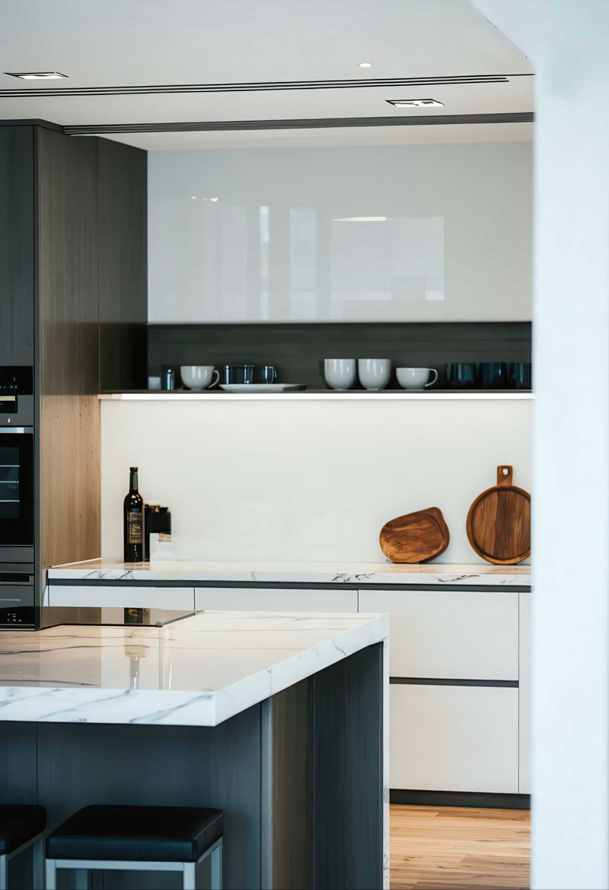 A kitchen with white cabinets and a marble counter top.
