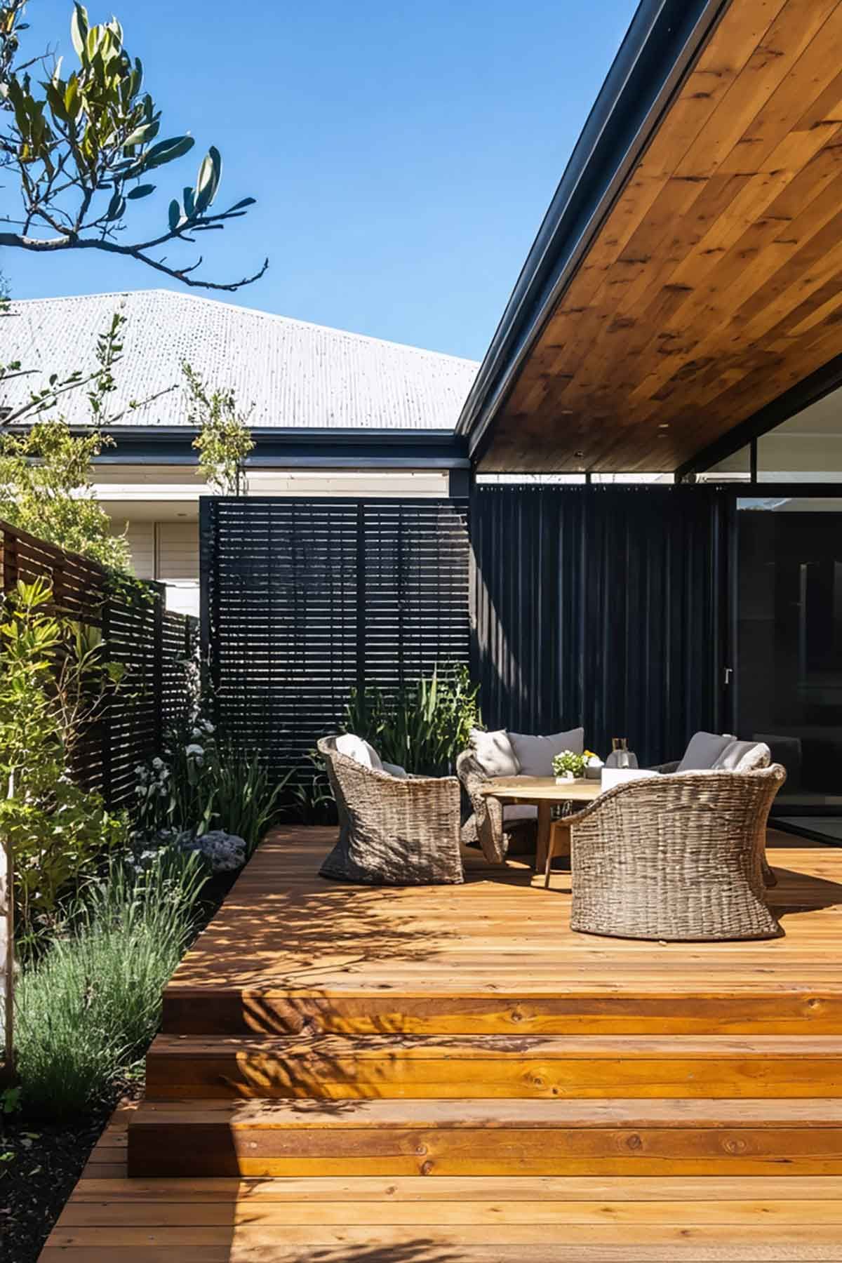 There is a wooden deck made with recycled timber with wicker furniture on it.