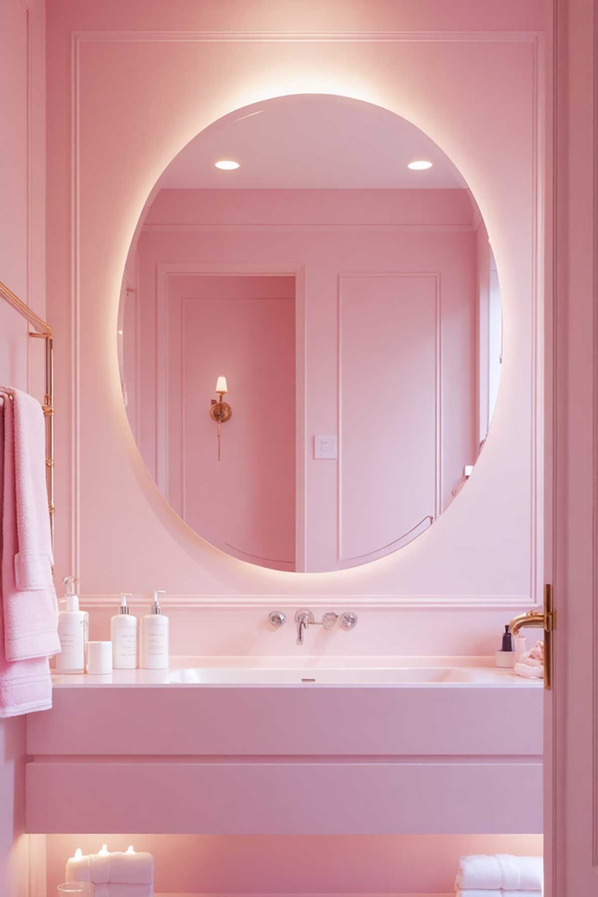 A pink bathroom with a round mirror and a sink.