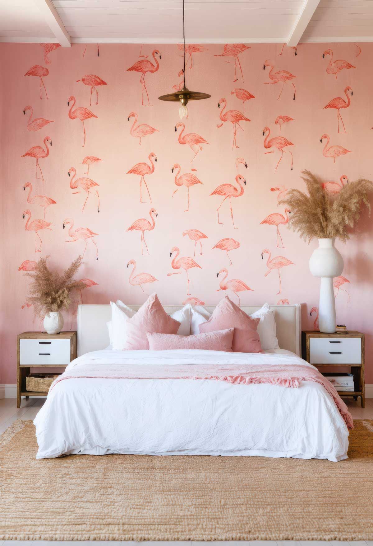Tropical wallpaper with pink flamingo's brighten up a master bedroom.