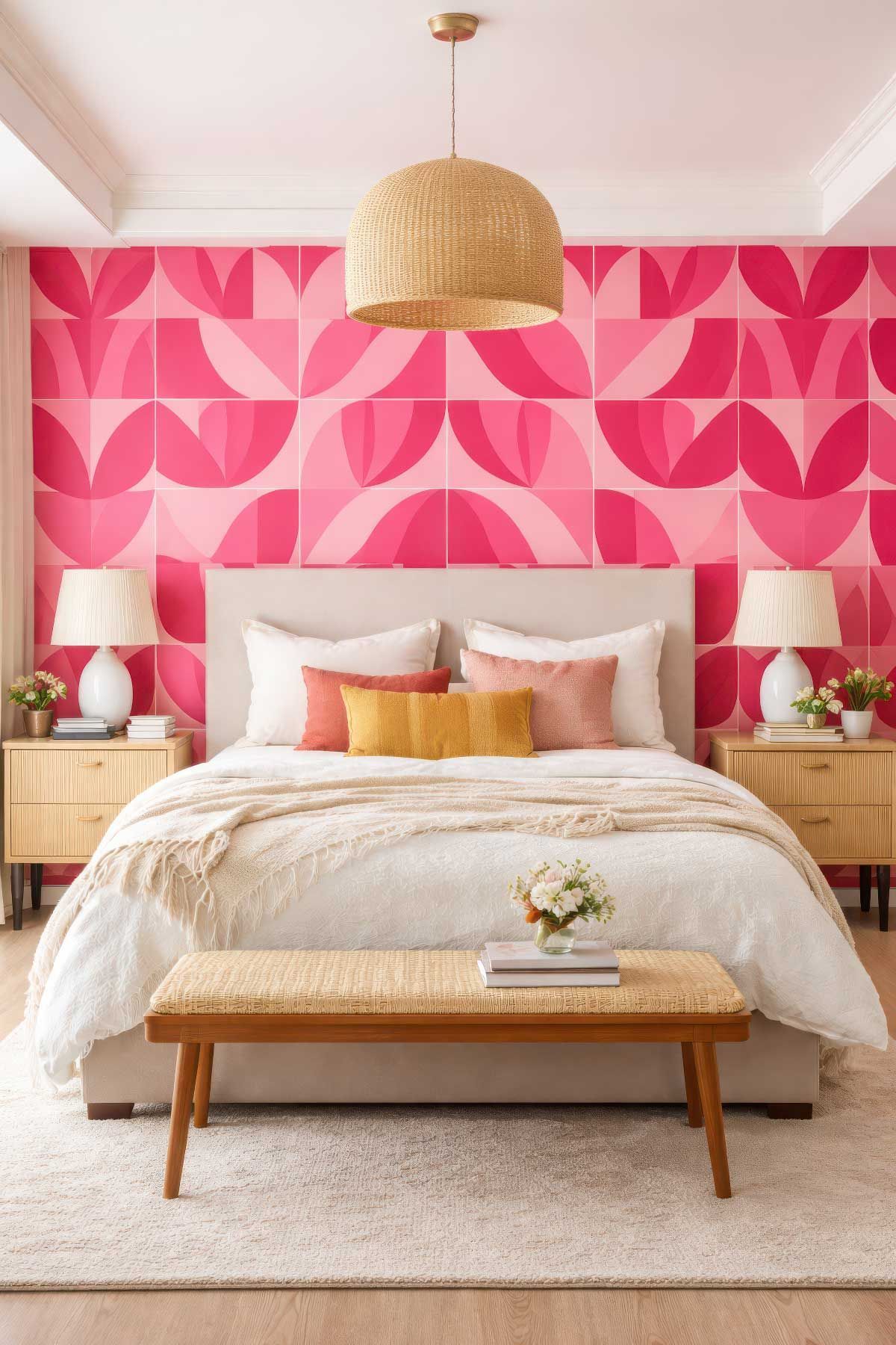A master bedroom with vibrant wallpaper that has been cut into rectangles and applied in a random pattern. 